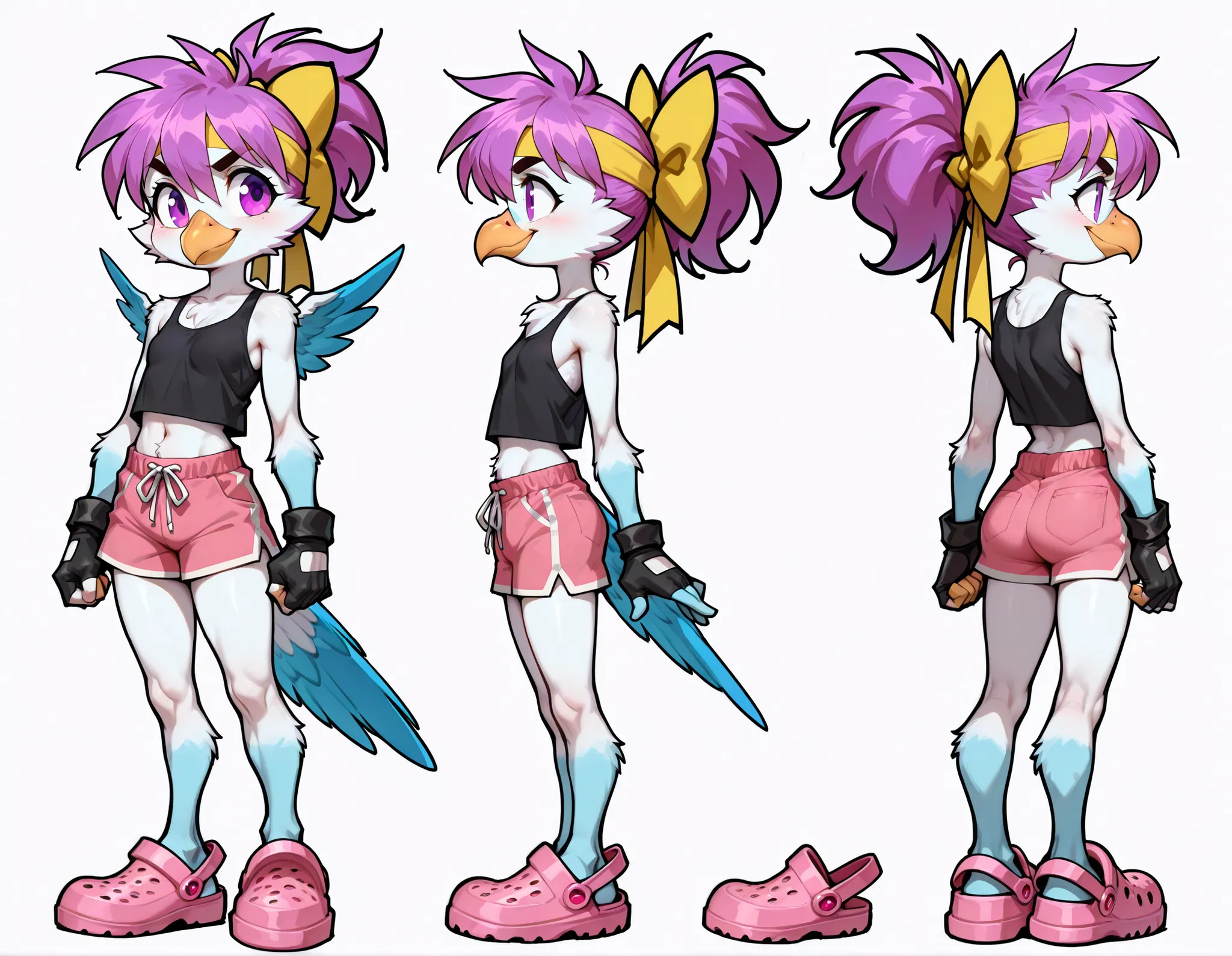 score_9,score_8_up,score_7_up, source_cartoon, spurce_anime, source_furry, Furry girl, bird, yellow bird beak, magenta hair, short spiky hairstyle, short spiky ponytail, anime style, small breasts, purple eyes, big eyebrows, feathered pointed ears,  ((yell...