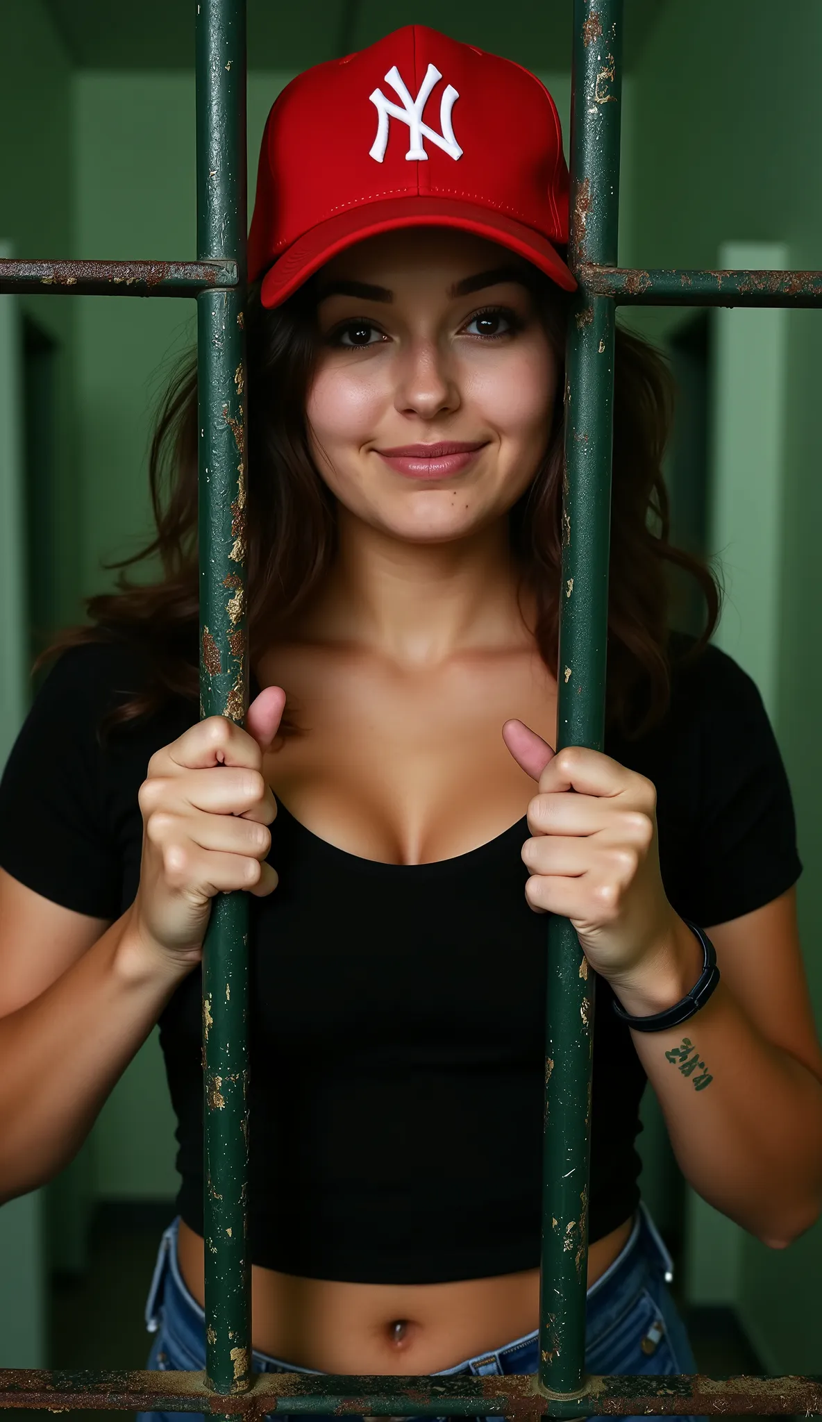 Ultra-photorealistic 8K prison portrait. female prisoner with a seductive soft smile (voluptuous hourglass figure) stands fully BEHIND the cell door's metal grid, her entire body confined within the cell. Both hands grip the vertical bars tightly at chest ...