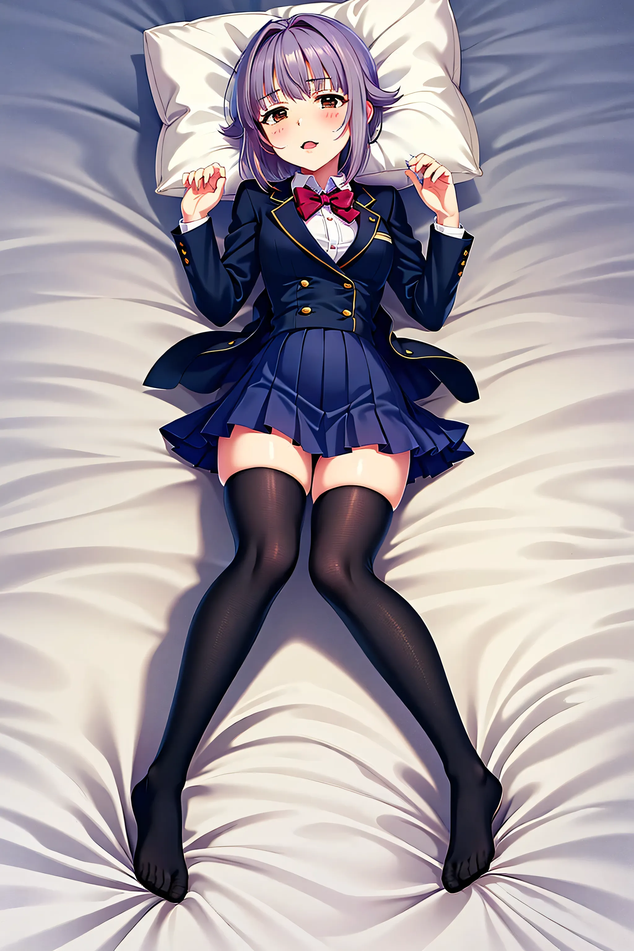 1girl, Koshimizu Sachiko, light purple hair, brown eyes, school uniform, black tights, blazer after face, miniskirt, white sheets, Lie on your back, Full Body, Seducing Men, Embarrassing, Red cheeks, High Waist