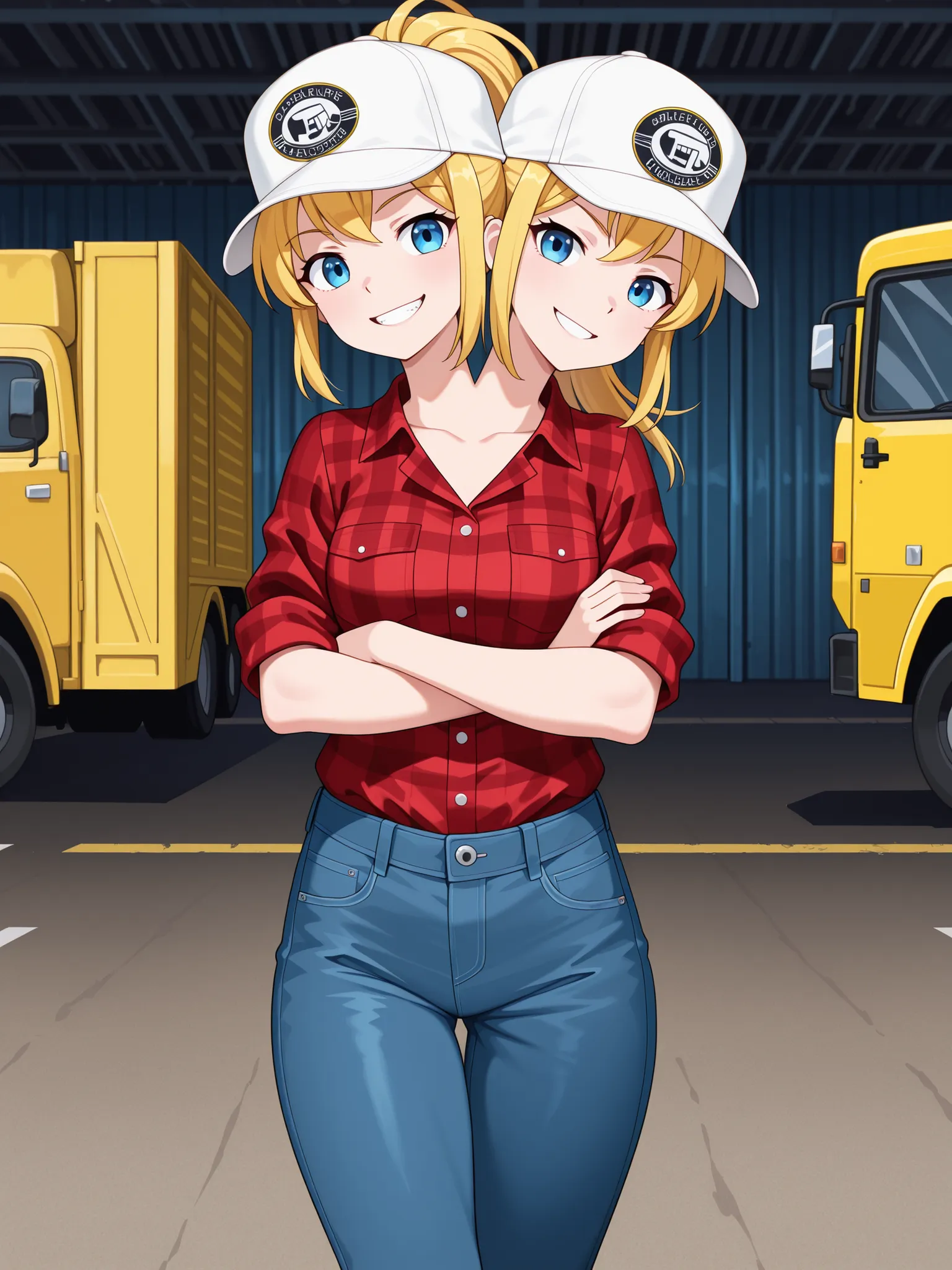 conjoined, anime girl with two heads, blond hair, ponytail, blue eyes, smiling, grinning, arms crossed, two trucker hats, red flannel shirt, jeans, parking lot outside a warehouse, big truck