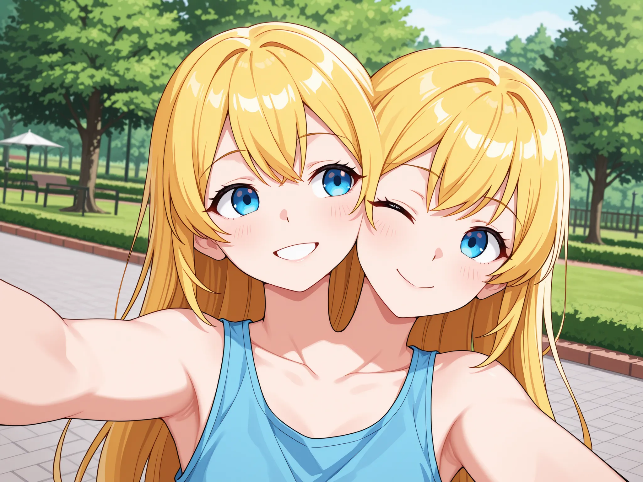 conjoined, anime girl with two heads, blond hair, blue eyes, blue tank top, winking, smiling for the camera, at a park, outside, selfie