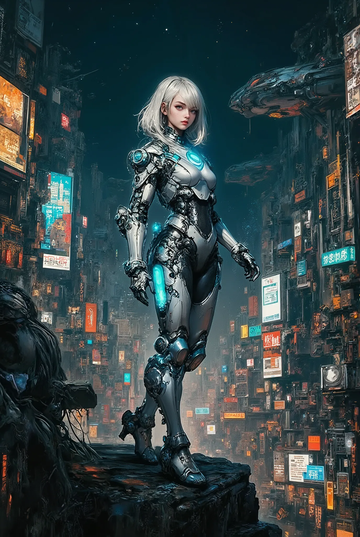 oil painting of a young petite teen who has a sleek, blue metallic body with integrated blue LED lights running along her contours. Her eyes are a piercing, luminous blue, reflecting the neon lights of the city. She has white shoulder length hair, pale whi...