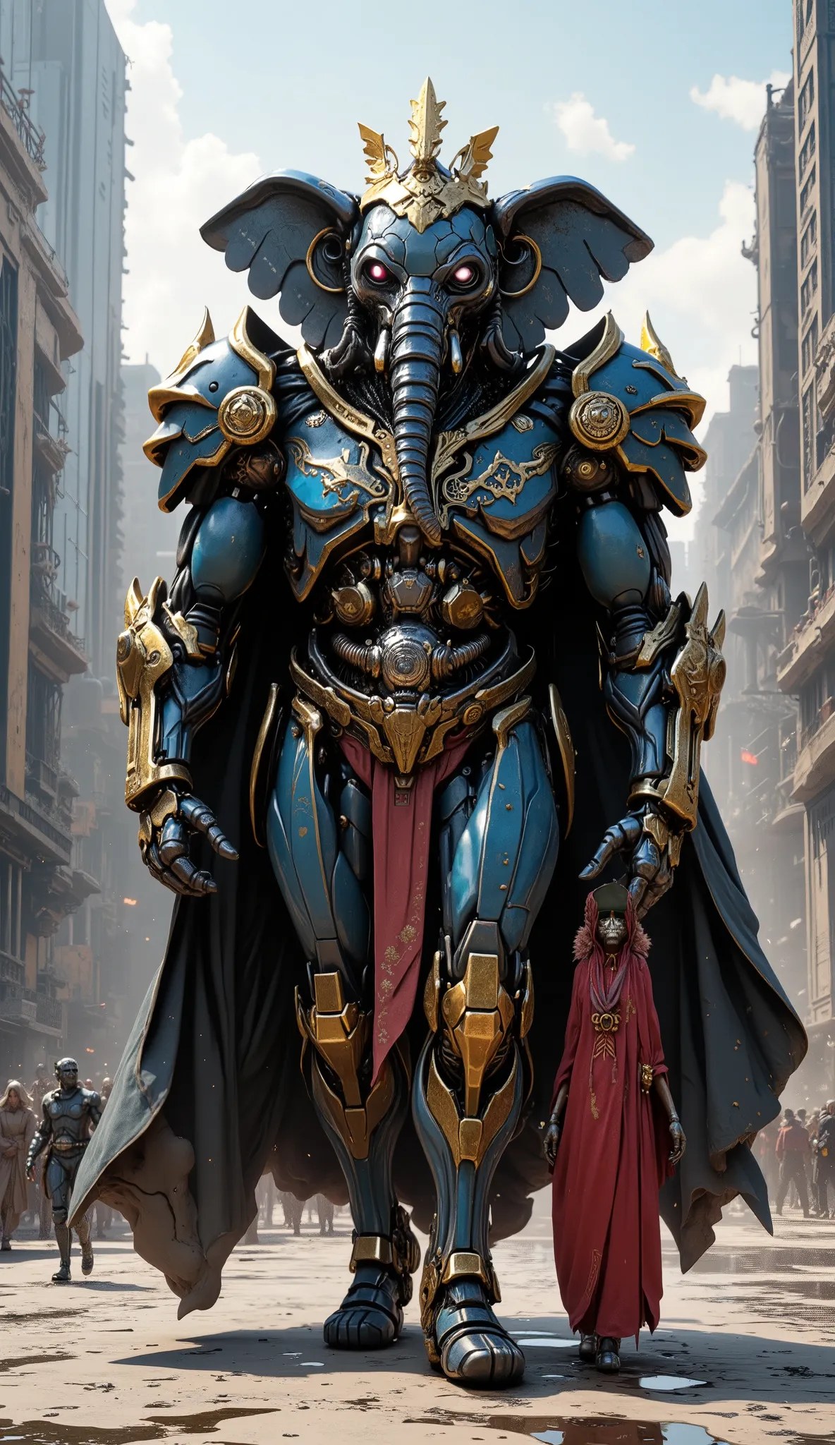 Un robotic éléphant anthropomorphe gigantesque, debout sur deux jambes, vêtu d’une tenue royale luxueuse inspirée des empereurs asiatiques et africains, avec des ornements dorés et une grande cape majestueuse. Il tient en laisse attachée à un humain en ten...