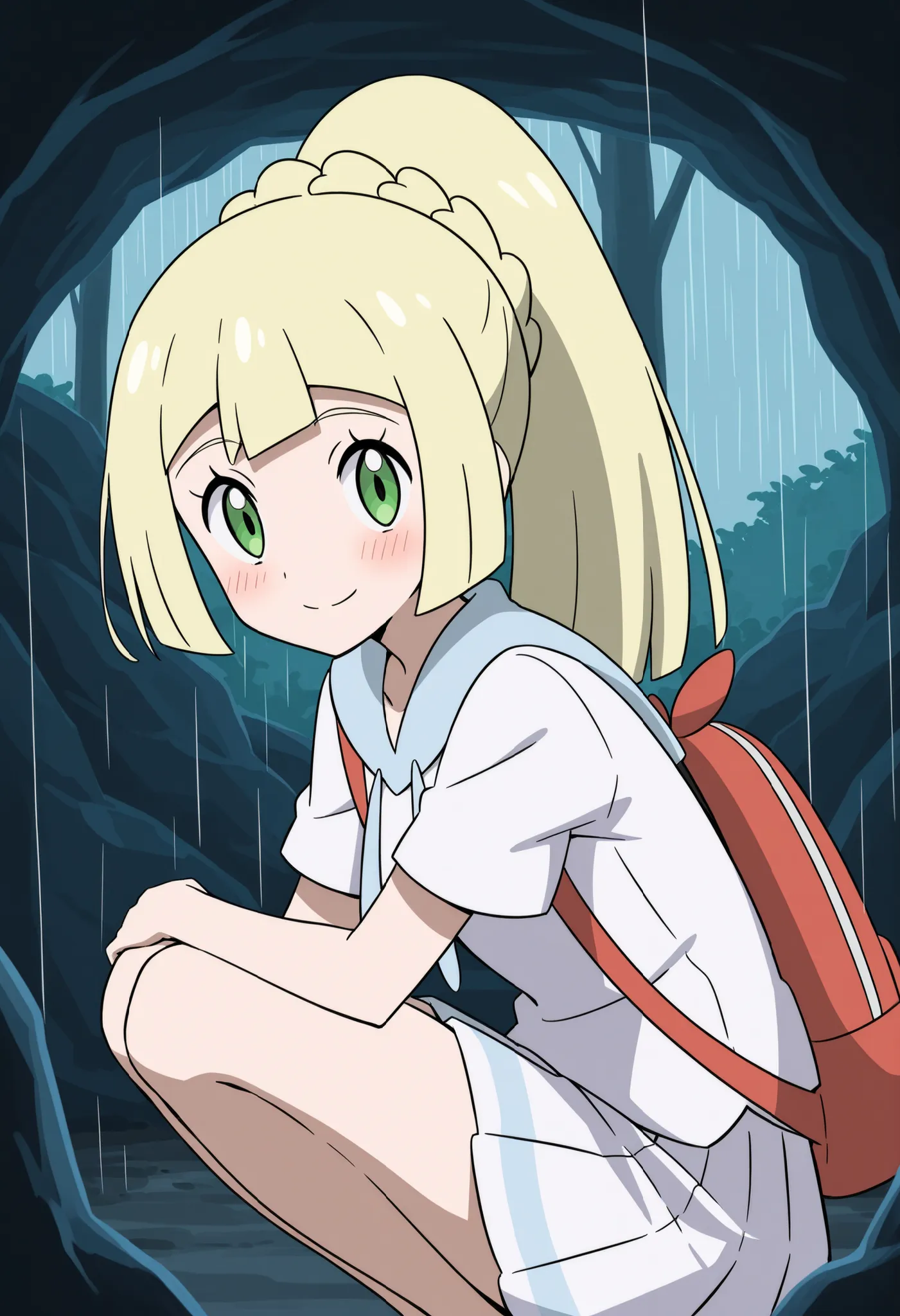 score_9, score_8_up, score_7_up, source_anime, lillie \(pokemon\), blonde hair, blunt bangs, green eyes, long hair, high ponytail, miniskirt, pleated skirt, sailor collar, shirt, short sleeves, skirt, white shirt, white skirt, looking at viewer, cowboy sho...