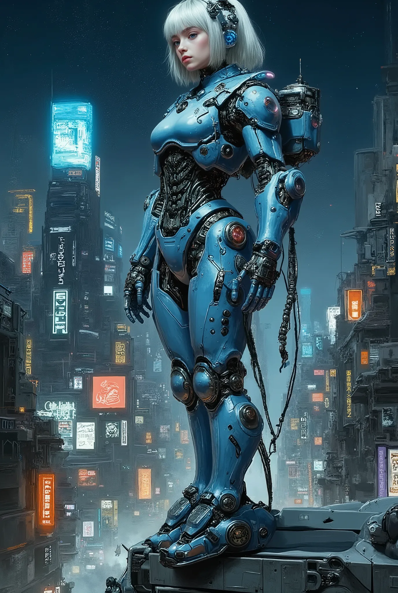 oil painting of a young petite teen who has a sleek, blue metallic body with integrated blue LED lights running along her contours. Her eyes are a piercing, luminous blue, reflecting the neon lights of the city. She has white shoulder length hair, pale whi...