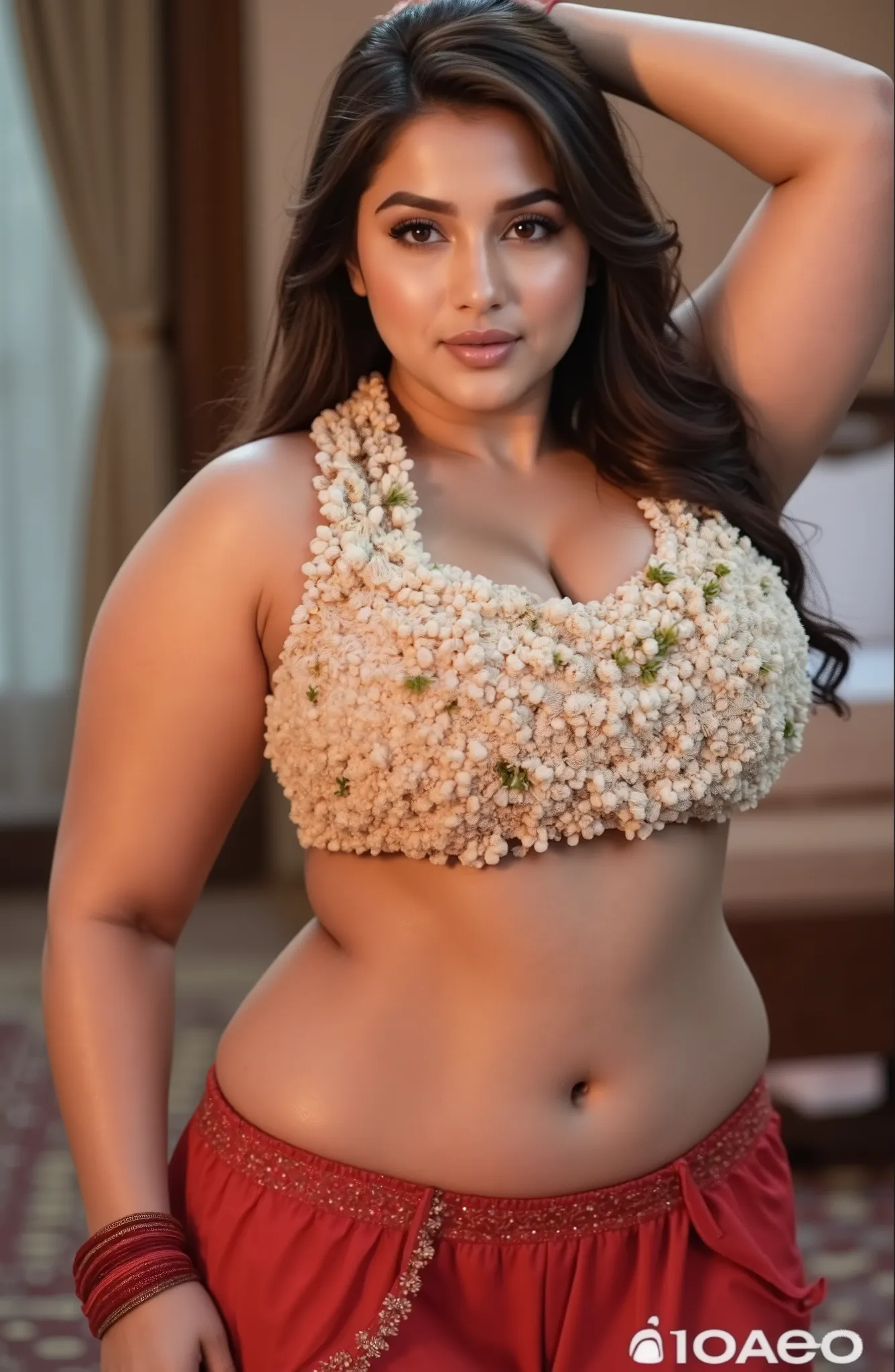 standing phosed photo of beautiful 40 year old Indian woman, chubby woman,big chubbies,thick body ,((closed mouth)),long free black hair beautiful bbw, without clothes, legs open, bedroom background, and very real, high contrast, high color effects, real 8...