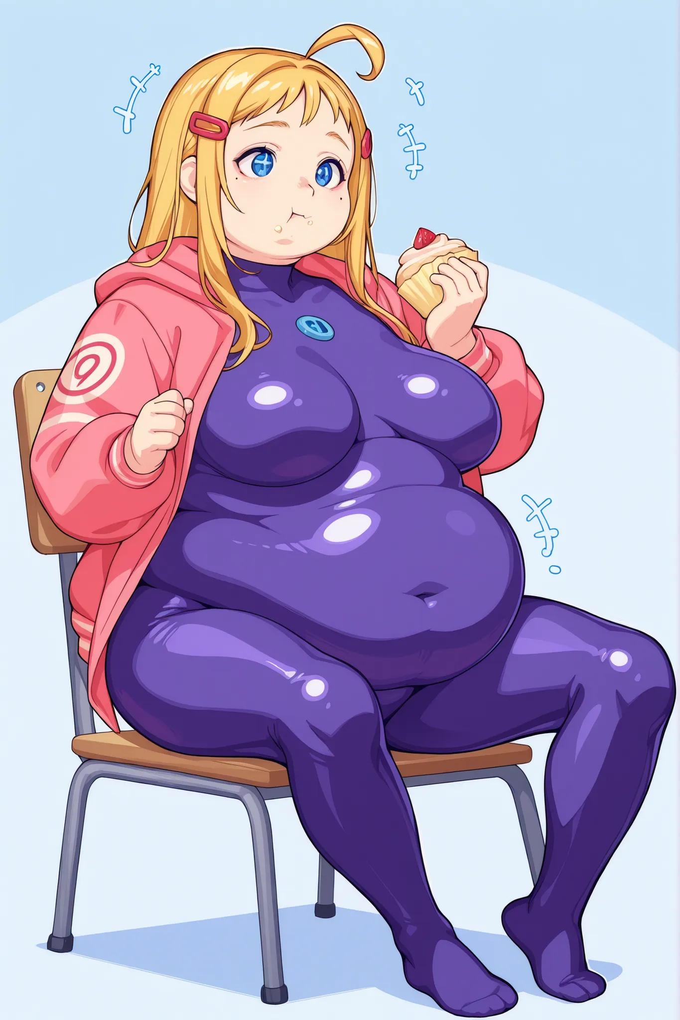 1girl, solo ,miu, , shiny skin, blonde hair, long hair,bangs, blue eyes, mole under right eye, sexy body, large breasts,pink jacket, purple bodysuit, hairclips, Girl, (fat :1.9),{belly overhang:1.9} (fat ) ++++++, (belly overhang) ++++++, {{{fat }}},{{{{be...