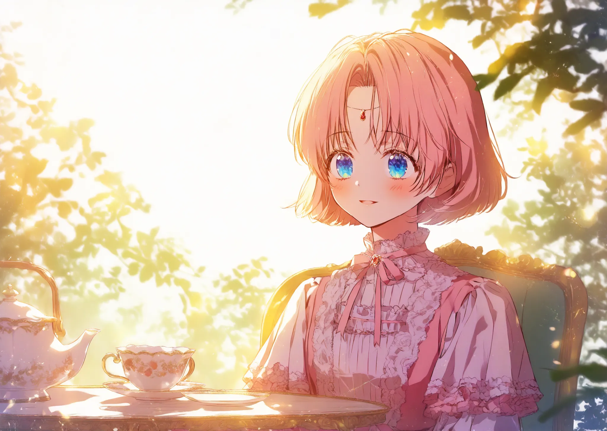 cinematic, day time, Beautiful and atmospheric, high contrast lighting, (masterpiece, best quality:1.2), atmospheric details, (solo focus), (depth of field:1.2), absurdres, highres, soft lighting, soft shadows, tea party, manhwa victorian garden background...
