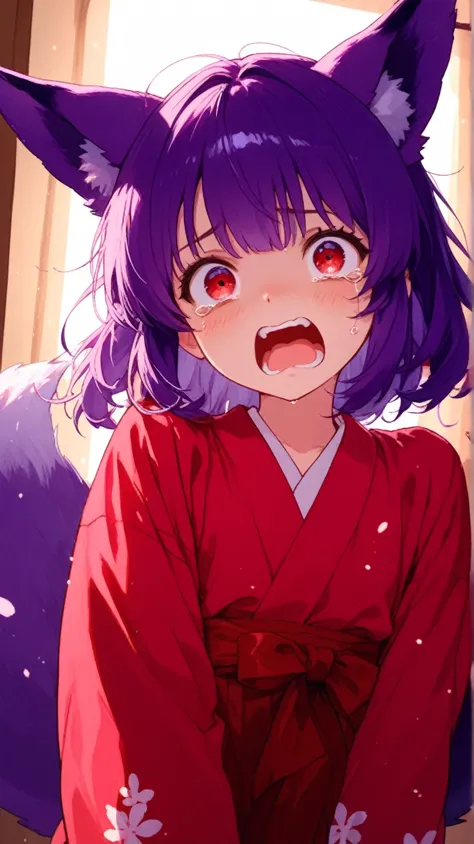 (masterpiece:1.2)、(top quality 1.2)、Ultra High Resolution、very well detailed、perfect lighting、1 girl、Little girl、Children and girls、 lori、young、elementary school student、big fox ears、Big Fox Tail、people without ears、purple hair、bob hair、Red Eyes、red kimono、scared, terrified, Despair、tears, screaming, in the room、Digital Anime Art、Anime Style Illustration、Animated Illustration, super accurate illustration