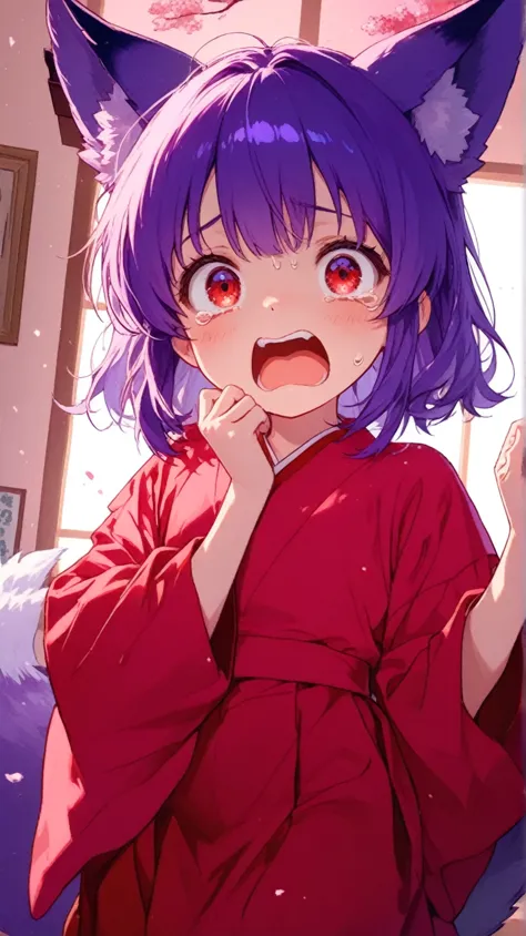 (masterpiece:1.2)、(top quality 1.2)、Ultra High Resolution、very well detailed、perfect lighting、1 girl、Little girl、Children and girls、 lori、young、elementary school student、big fox ears、Big Fox Tail、people without ears、purple hair、bob hair、Red Eyes、red kimono、scared, terrified, Despair、tears, screaming, in the room、Digital Anime Art、Anime Style Illustration、Animated Illustration, super accurate illustration