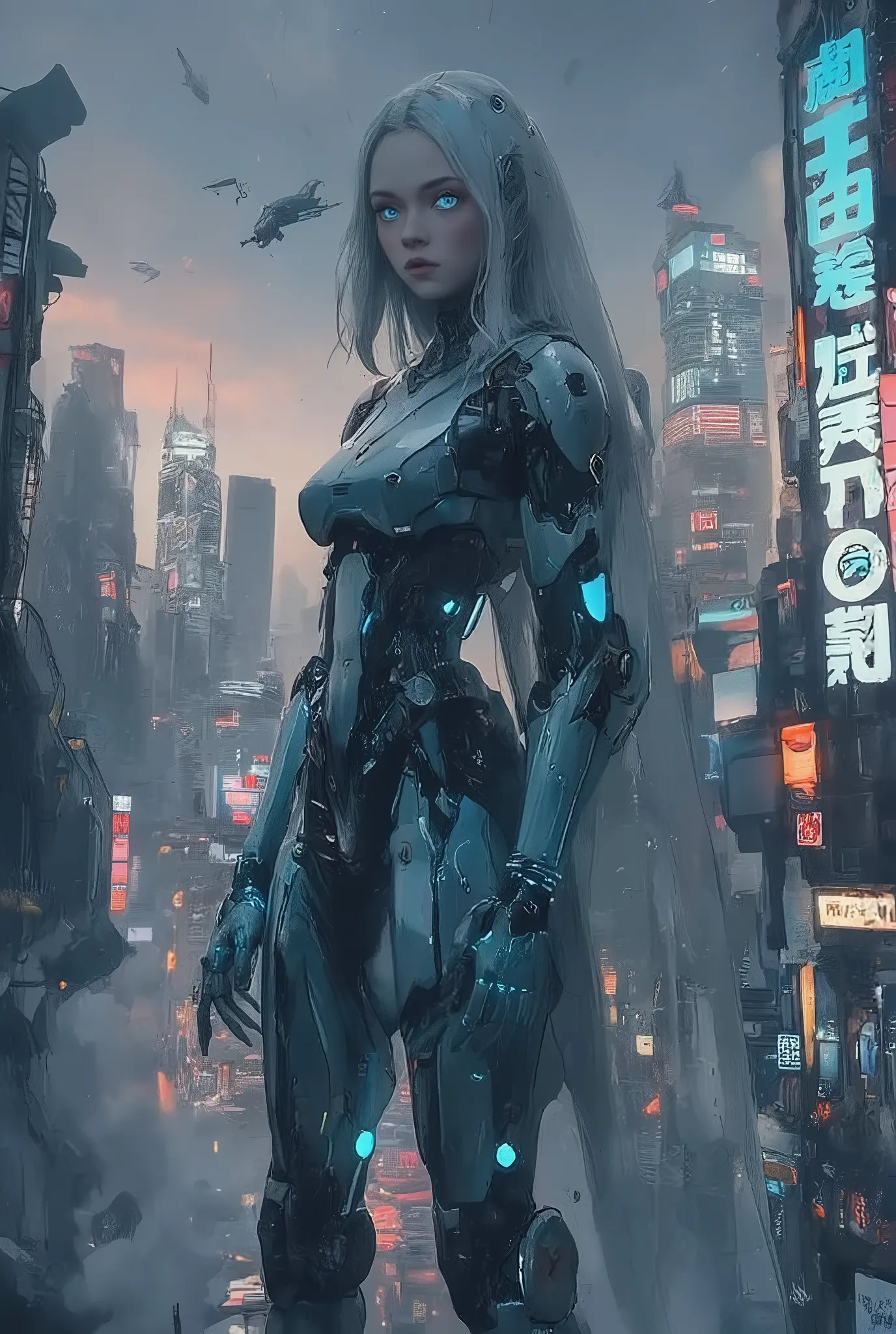 oil painting of a young petite teen who has a sleek, blue metallic body with integrated blue LED lights running along her contours. Her eyes are a piercing, luminous blue, reflecting the neon lights of the city. She has white shoulder length hair, pale whi...
