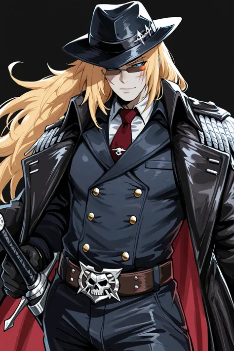 fantasy, warhammer Templar Witch Hunter, 1male, male focus, solo, long hair, blonde hair, blue eyes, serene expression, cut scar on cheek, A long double-breasted leather coat in dark graphite colour with a high collar that accentuates the silhouette, a sem...