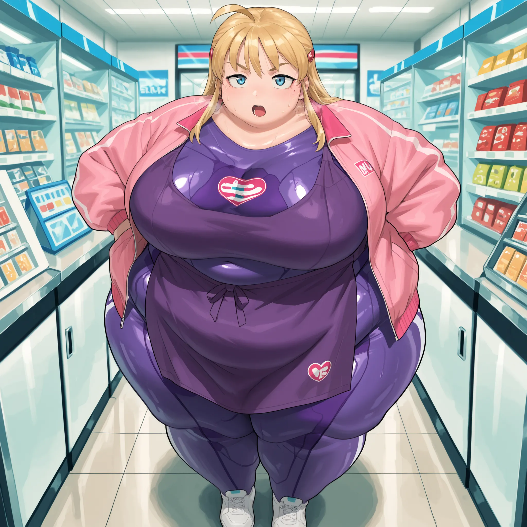 high resolution picture, masterpiece, best quality, amazing quality, official art, 1girl, solo ,miu, , shiny skin, blonde hair, long hair,bangs, blue eyes, mole under right eye, sexy body, large breasts,pink jacket, purple bodysuit, hairclips, big breasts,...