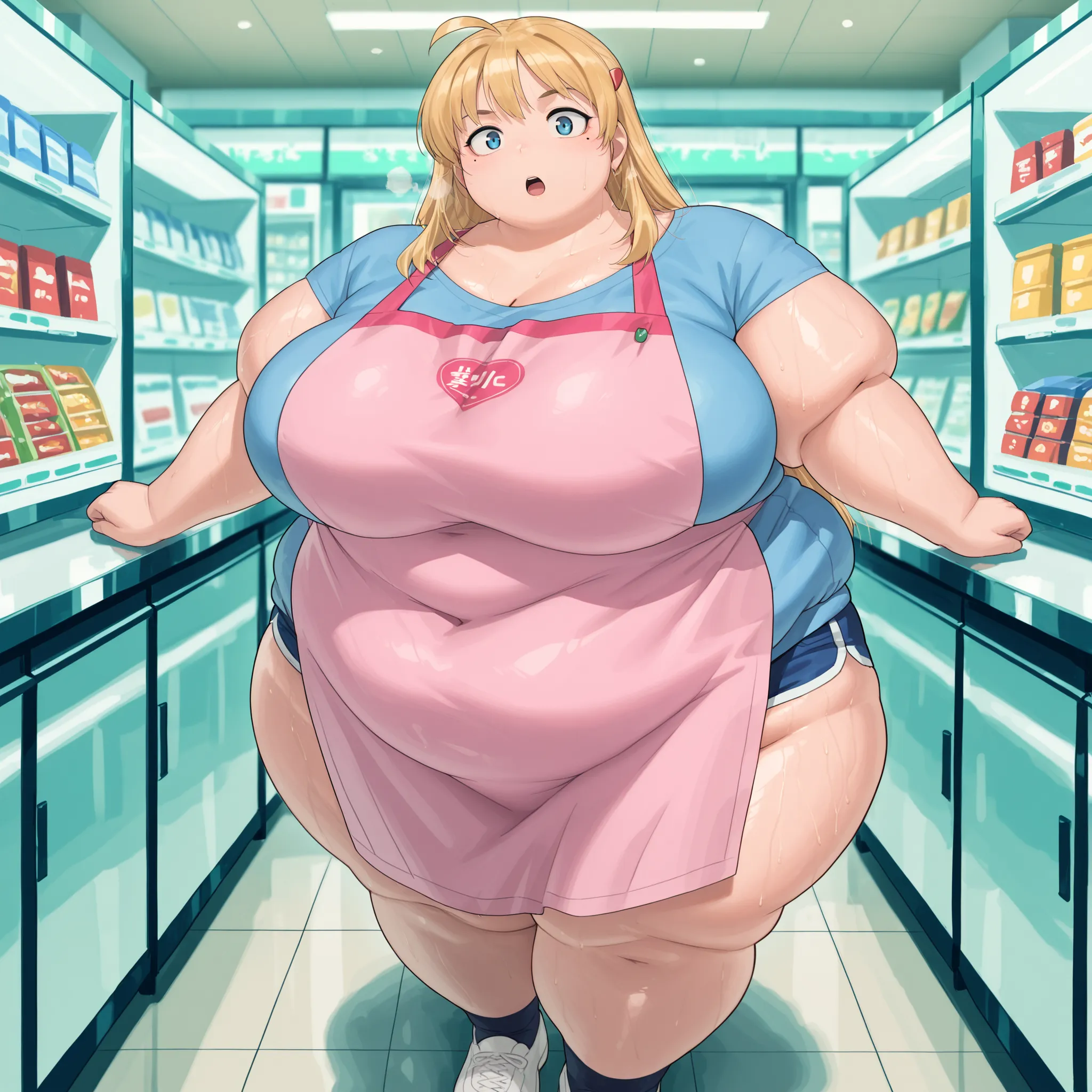 high resolution picture, masterpiece, best quality, amazing quality, official art, 1girl, solo ,miu, , shiny skin, blonde hair, long hair,bangs, blue eyes, mole under right eye, sexy body, large breasts, hairclips, big breasts, source anime,  anime colorin...