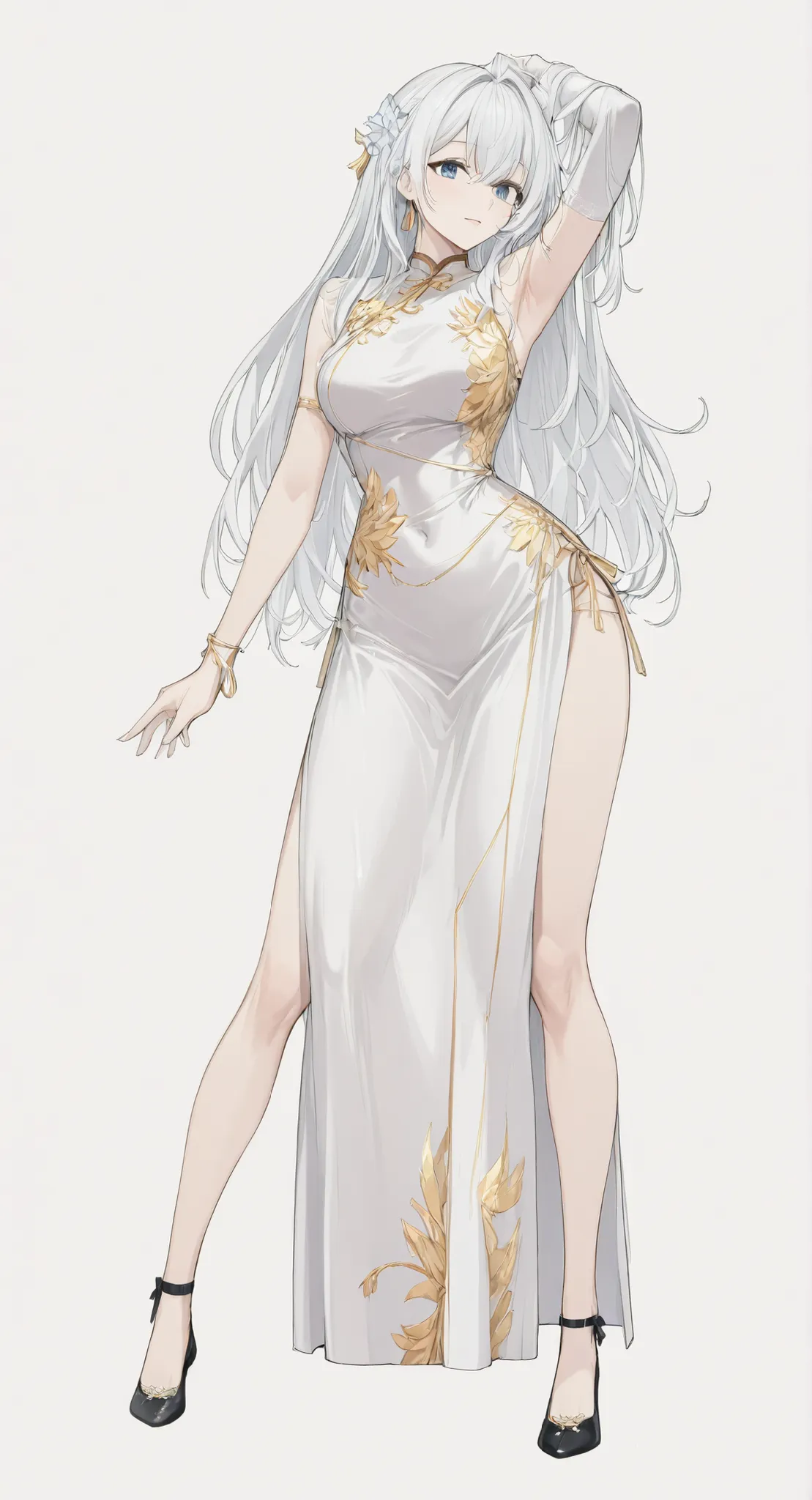 mole under eye、Armlet for left arm、bracelet for right wrist、china dress,anime girl Picture of a woman with long white hair and a flower in her hair, gray hairの deity, Anime Goddess, gray hairの, gray hairの lady, gray hair, Zodiac Knight Portrait Girl, Haise...