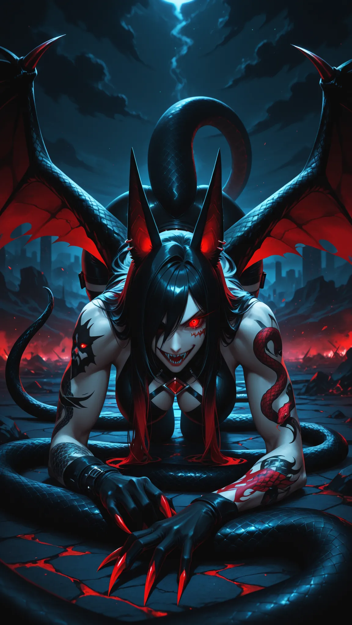 top quality, masterpiece, as pictured, Devil with Black Jackal Ears, Bewitching Smile,  sharp eye, Snake Tattoos Crawling Limbs, Crimson Sharp Claws, Jet Black Wings, Mysterious Atmosphere