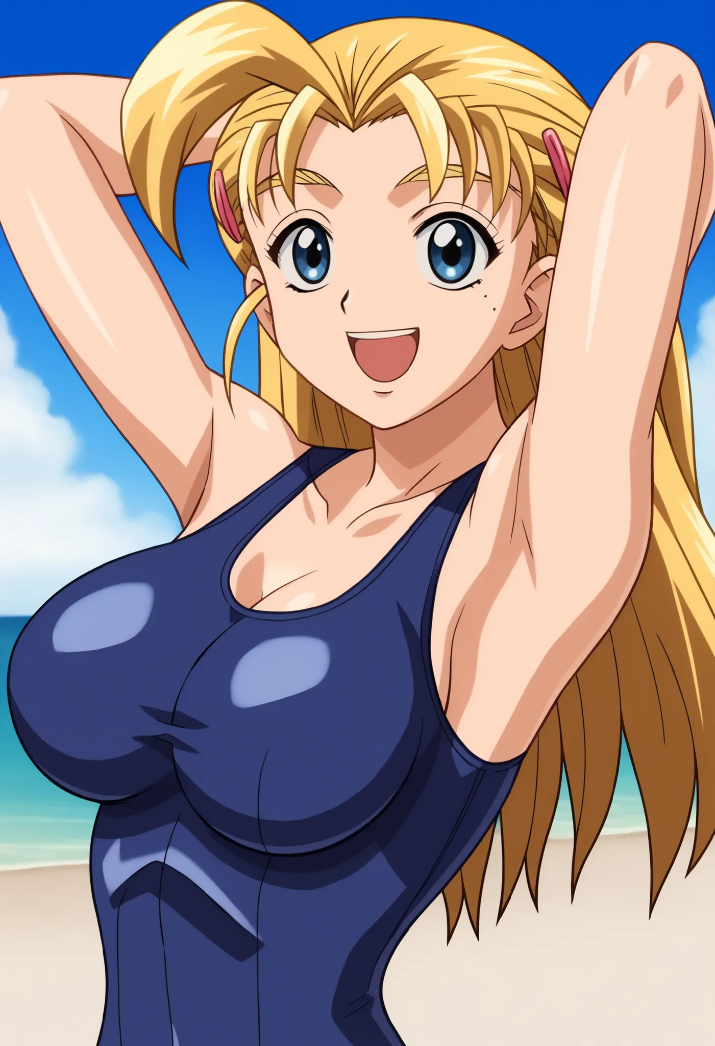 1girl, solo ,miu, , shiny skin, blonde hair, long hair,bangs, blue eyes, mole under right eye, sexy body, large breasts bodysuit, hairclips,
school swimsuit, hands behind head, one-piece swimsuit, open mouth, smile, happy, solo, looking at viewer, sea, san...