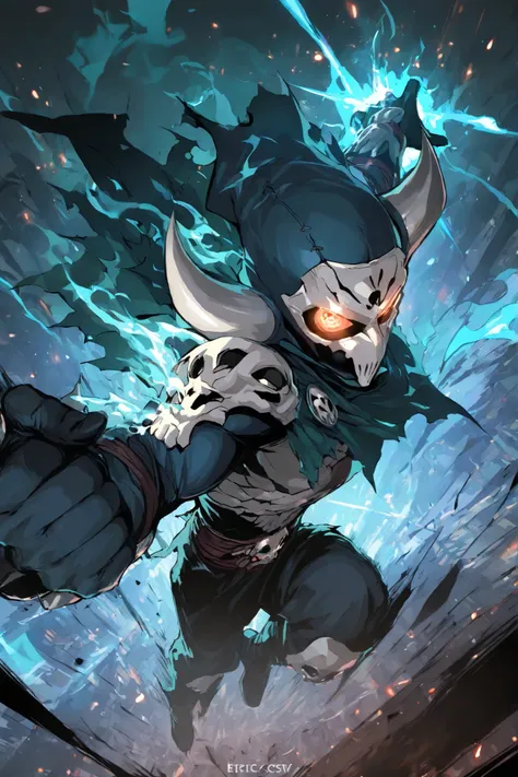 masterpiece, best quality,1 skull mask woman,best quality,heroic pose,dynamic angle,dynamic background,with epic effect, high angle shot,like CCTV footage, outward flow of magic or particles, face clearly visible, character illuminated from within,