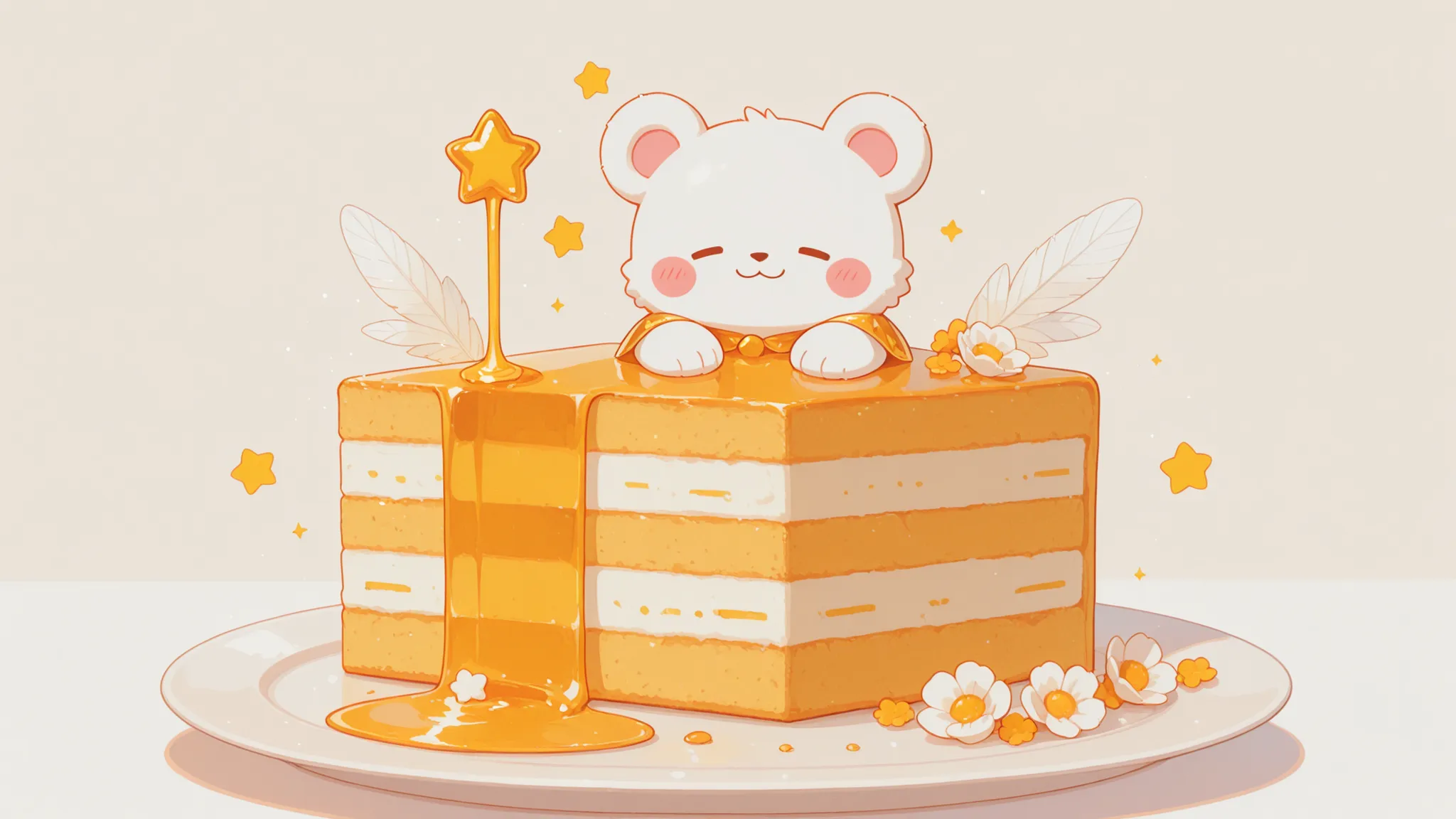 artistic, Ultra High Definition, adorable little girl with white bears, cute cosplay, Transparent feather, Golden Honey, cake plate, flower々The decoration of,  bursting with a smile, pop decor