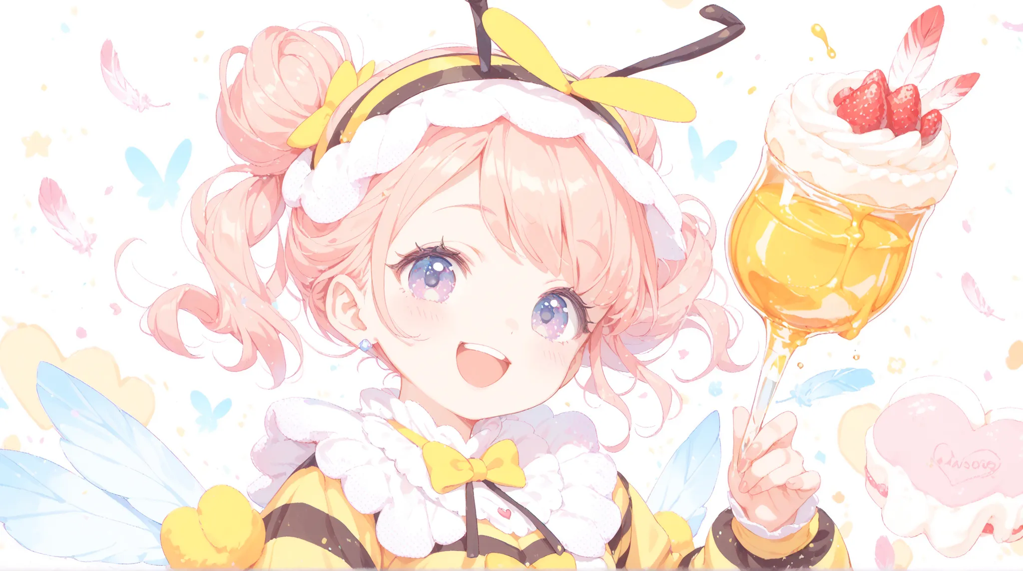 top quality, masterpiece, as pictured, Smiling cute girl, bee costume, Yellow and black stripes, glitter feather, honey cake, Big Smiles, pastel background