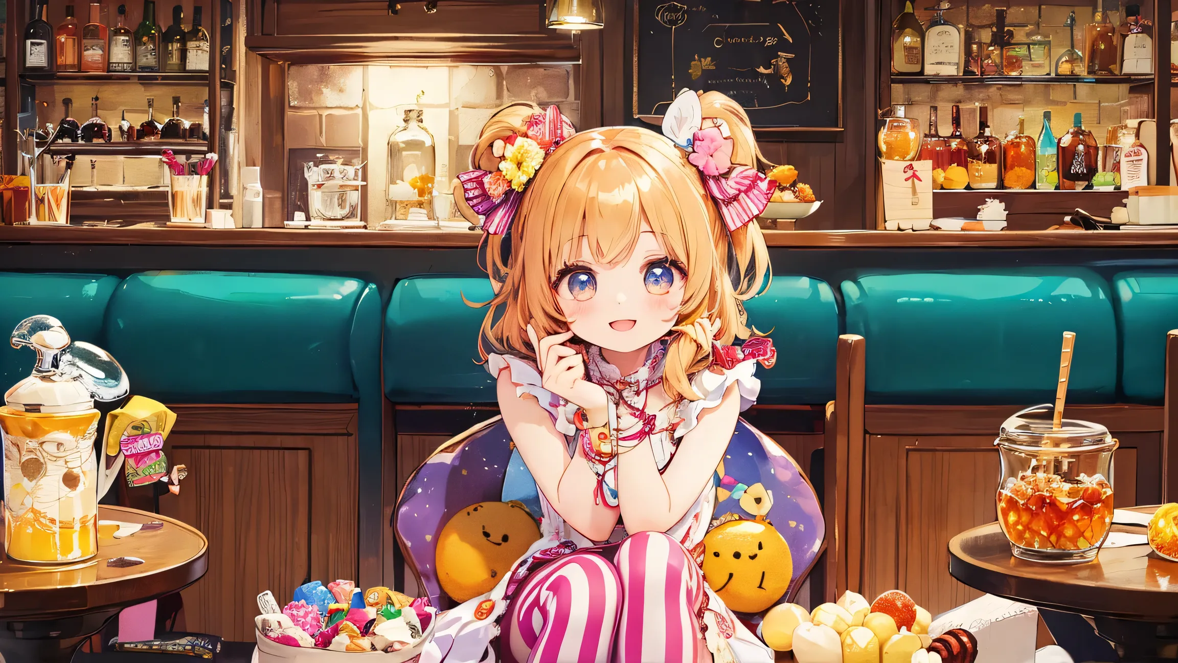 ultimate image quality, Perfect Depiction, happy woman relaxing at the bar, Honey Bee Dress, Striped tights, Handmade sweets, honey topping, shining eyes, Cheerful Poses, Candy Color