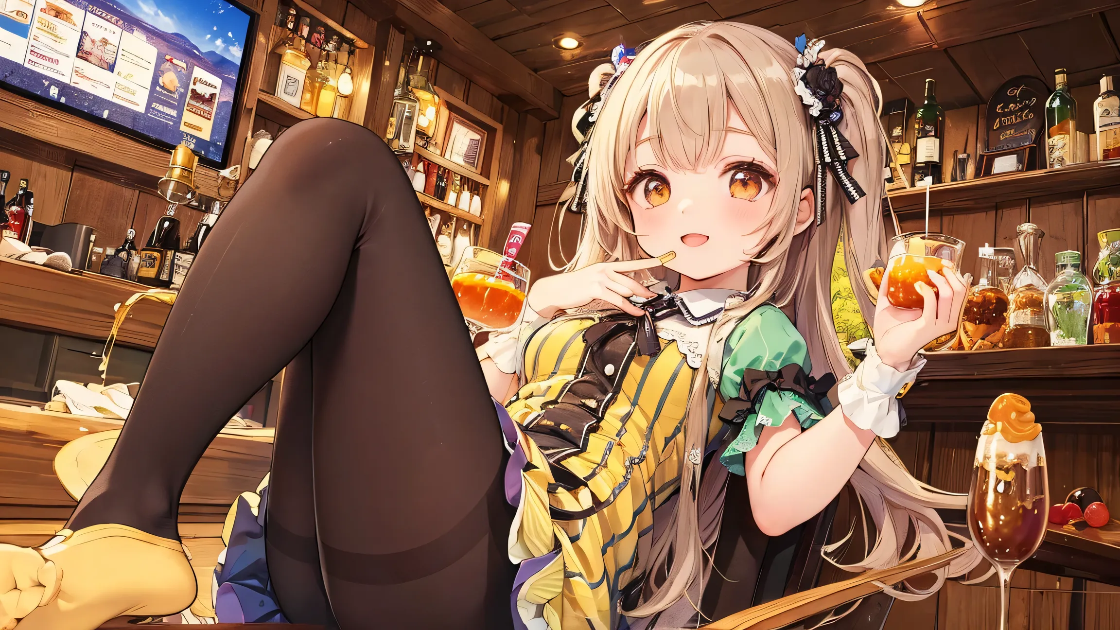 ultimate image quality, Perfect Depiction, happy woman relaxing at the bar, Honey Bee Dress, Striped tights, Handmade sweets, honey topping, shining eyes, Cheerful Poses, Candy Color