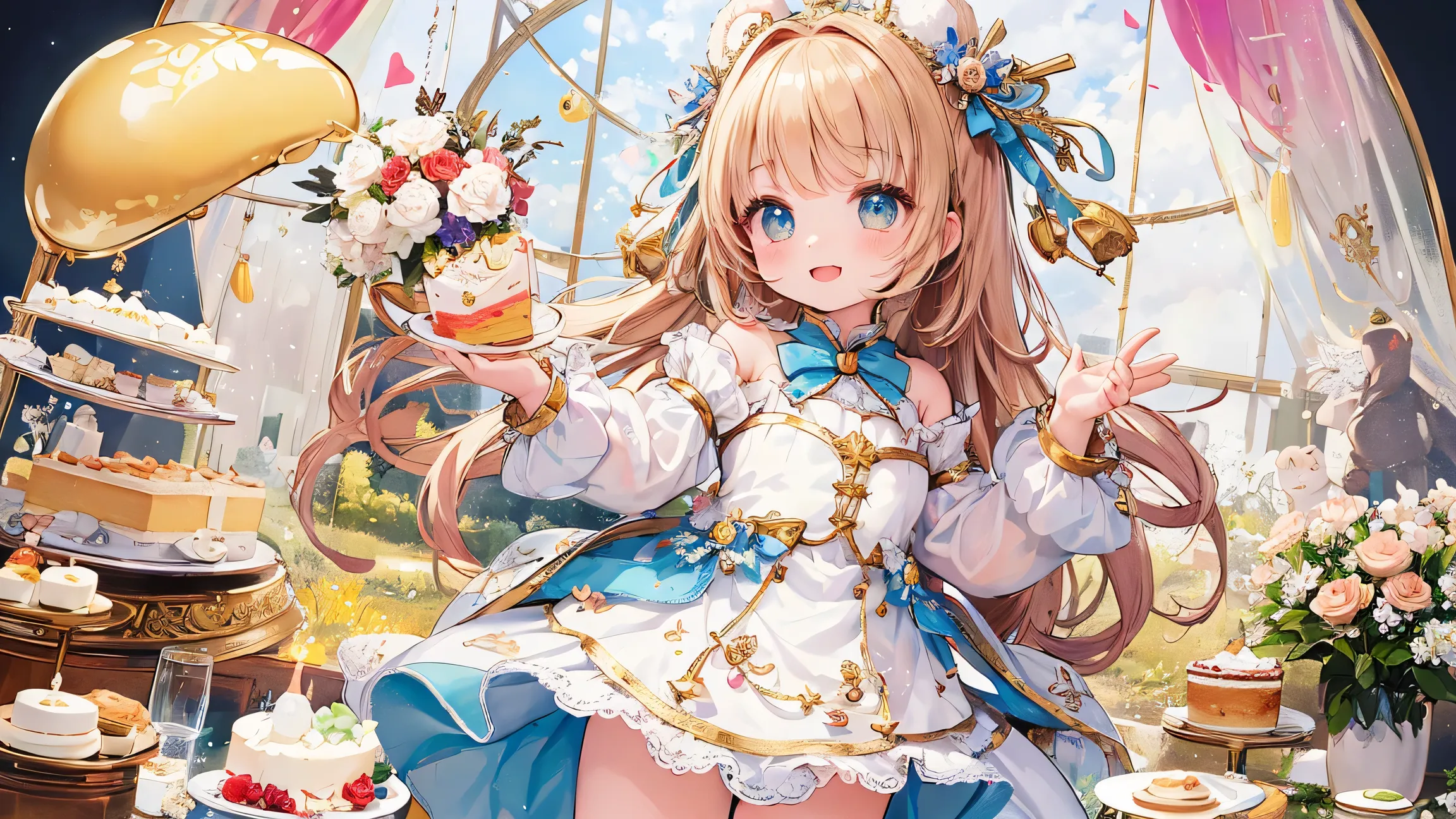 artistic, Ultra High Definition, adorable little girl with white bears, cute cosplay, Transparent feather, Golden Honey, cake plate, flower々The decoration of, bursting with a smile, pop decor