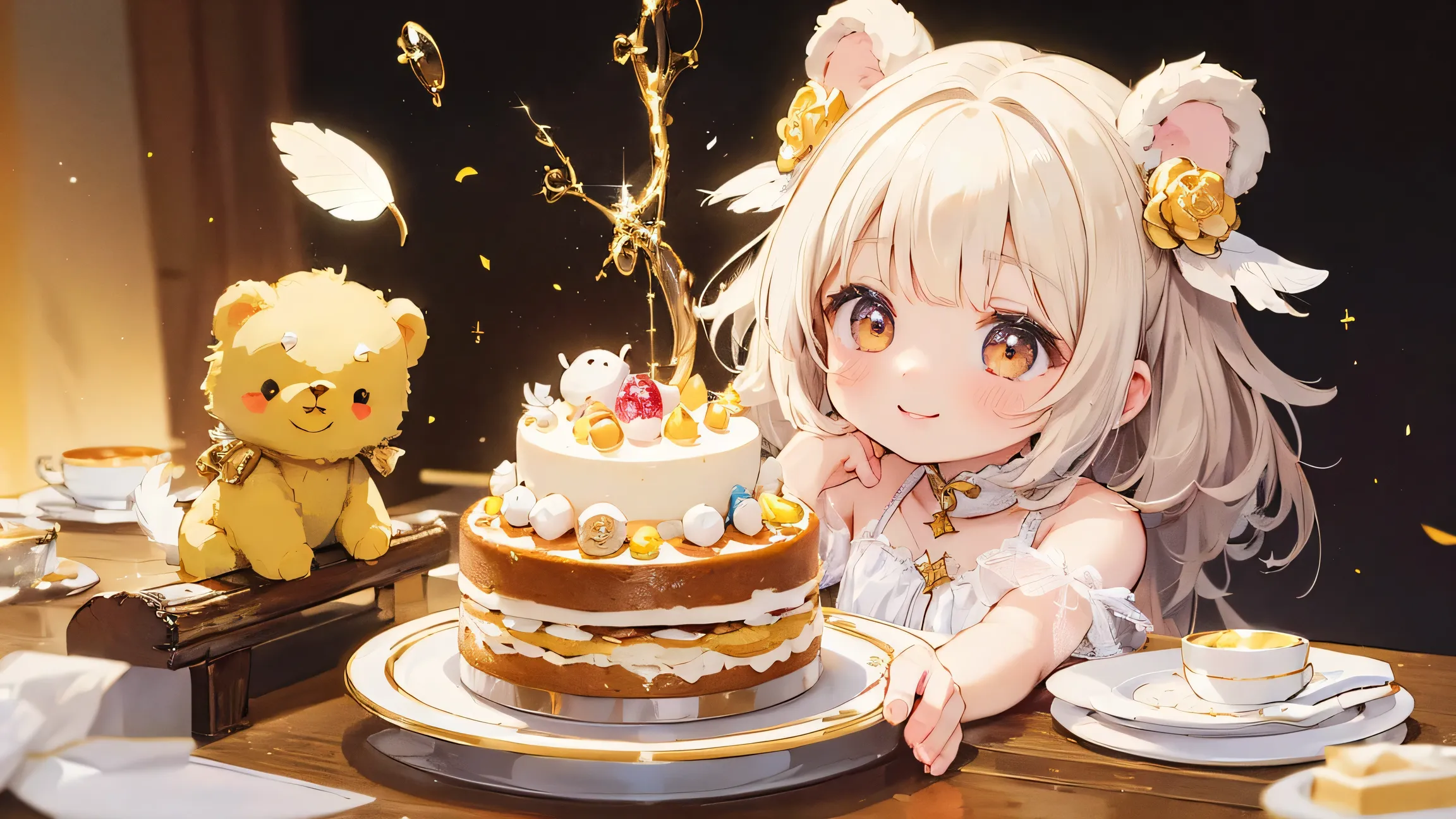 artistic, Ultra High Definition, adorable little girl with white bears, cute cosplay, Transparent feather, Golden Honey, cake plate, flower々The decoration of, bursting with a smile, pop decor