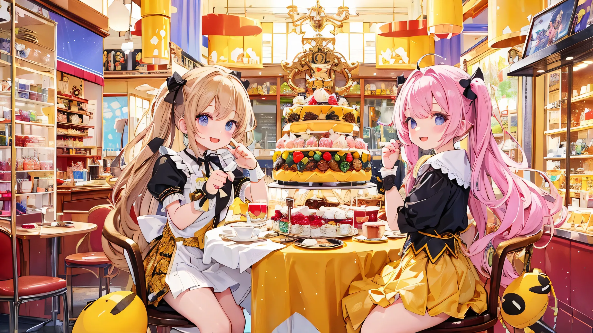 Ultra High Definition, master piece, Perfect Details, Happy Expression, pop bee costume, Fluffy Antennae, miniskirt, Decorated Cake, popping smile, Colorful Cafe