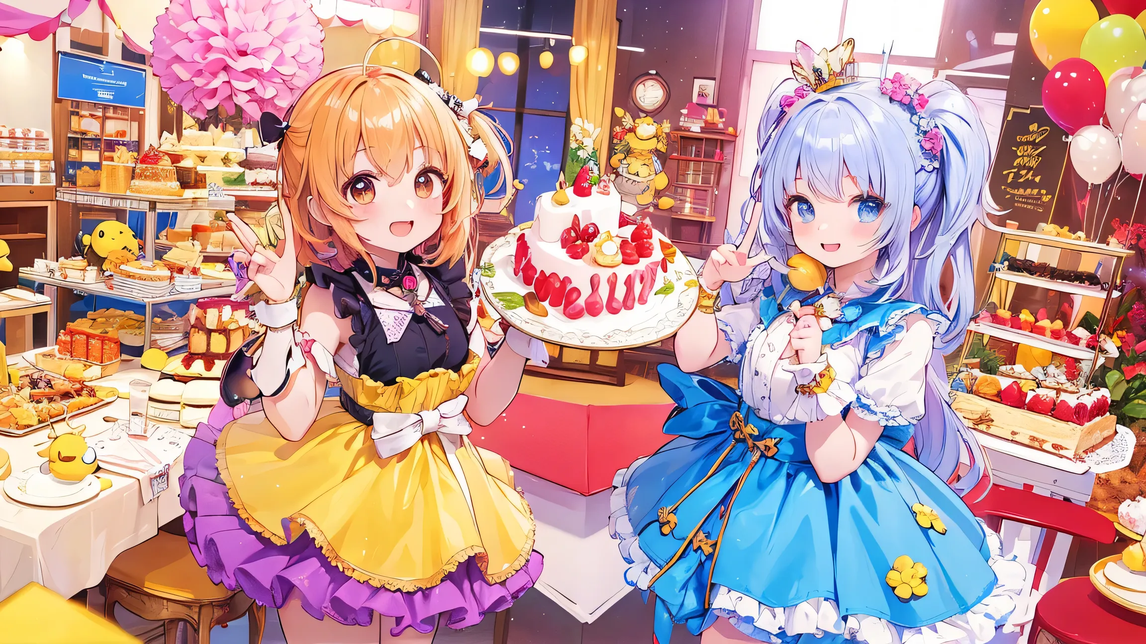 Ultra High Definition, master piece, Perfect Details, Happy Expression, pop bee costume, Fluffy Antennae, miniskirt, Decorated Cake, popping smile, Colorful Cafe