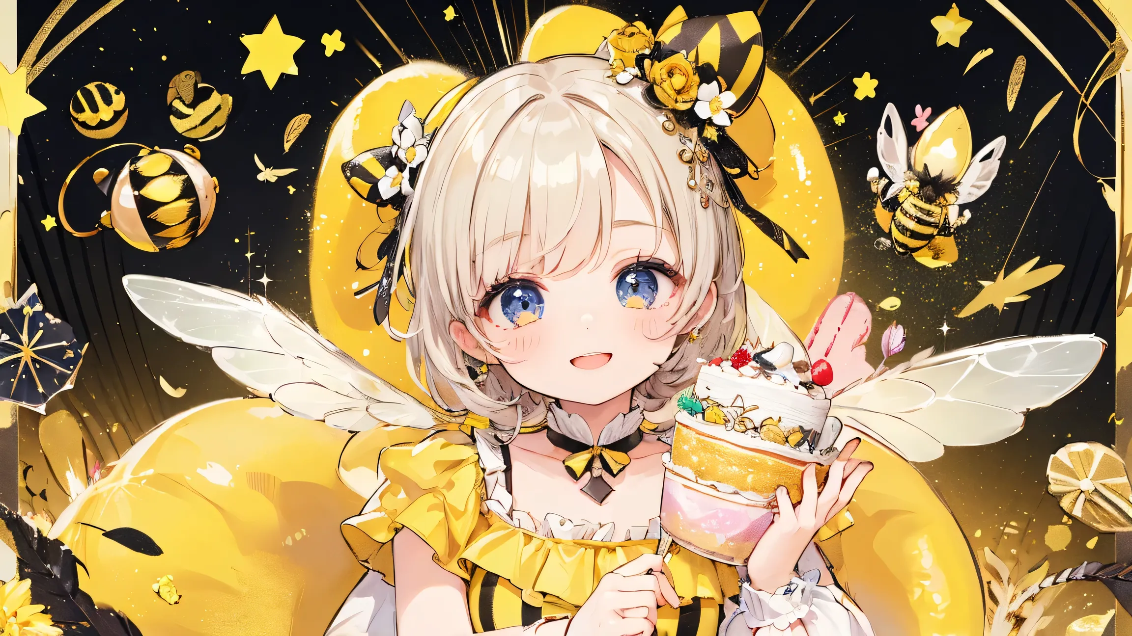 top quality, masterpiece, as pictured, Smiling cute girl, bee costume, Yellow and black stripes, glitter feather, honey cake, Big Smiles, pastel background