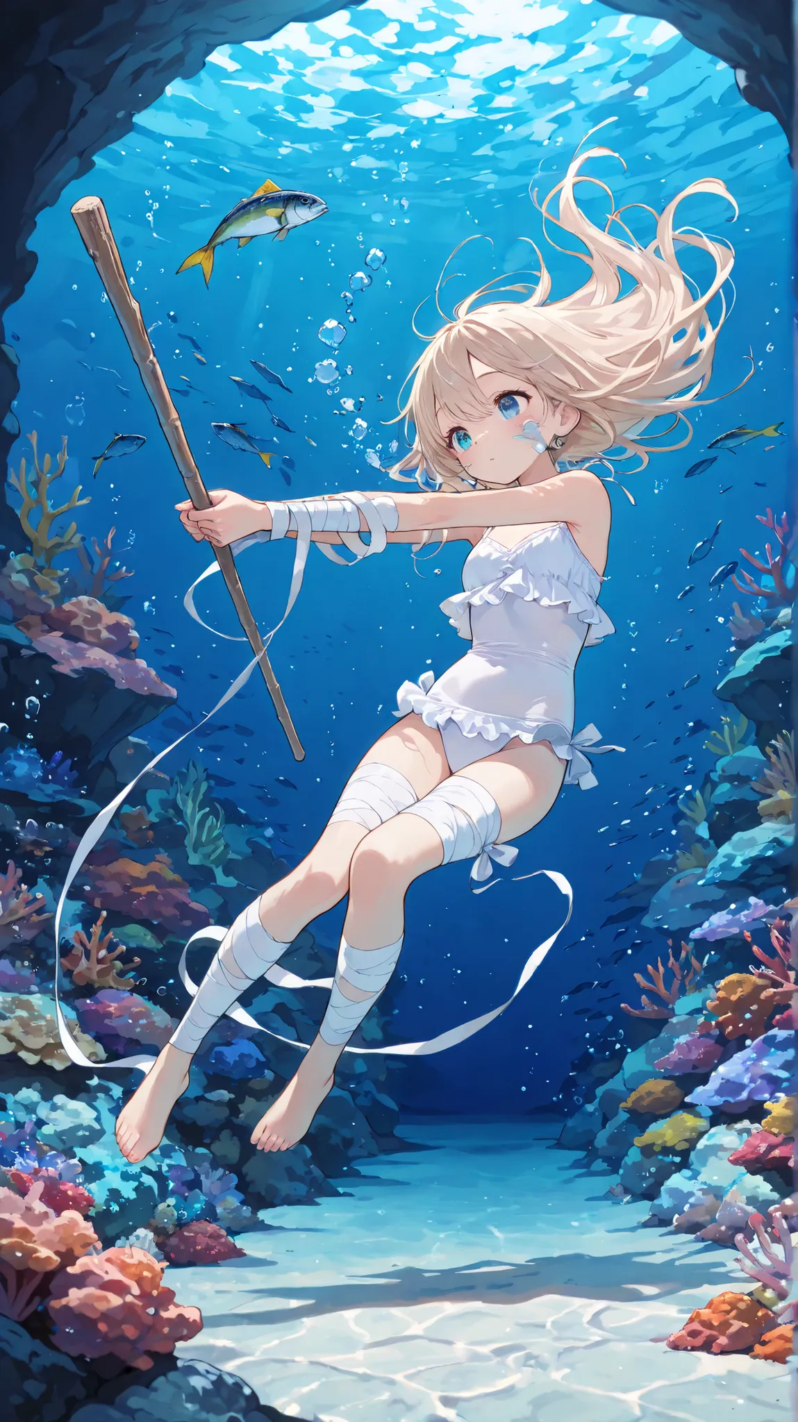 Cute,748cmstyle,underwater,grotto,underwater cave,sandy sea floor,sea floor,reef,(masterpiece:1.2, top quality), (beautiful detailed eyes: 1.2), ((1 Beautiful Girl)),  (beautiful background:1.2), (highly detailed CG, Super Detailed),(very detailed and beau...