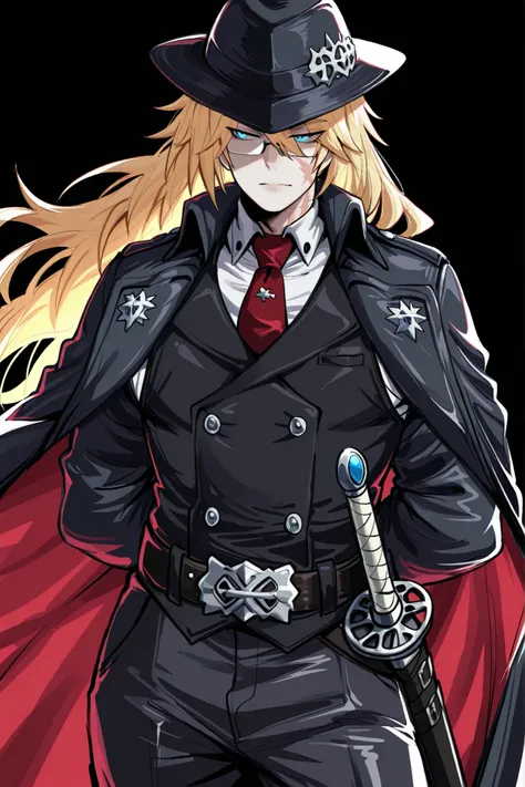 kurenaiz, masterpiece, best quality, newest, absurdres, highres, newset, 1male, male focus, solo, ((MAN)) ((MALE)) ((ONLY BOY)), SS, jugram haschwalth, long hair, blonde hair, blue eyes, serene expression, long scar cut on the cheek that smoothly goes to t...