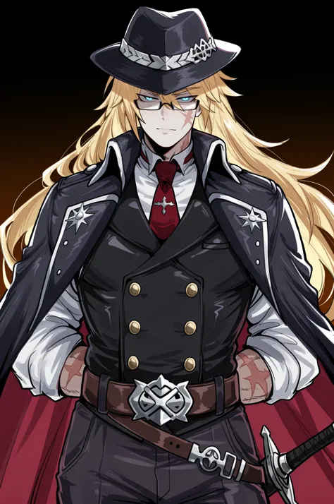 kurenaiz, masterpiece, best quality, newest, absurdres, highres, newset, 1male, male focus, solo, ((MAN)) ((MALE)) ((ONLY BOY)), SS, jugram haschwalth, long hair, blonde hair, blue eyes, serene expression, long scar cut on the cheek that smoothly goes to t...