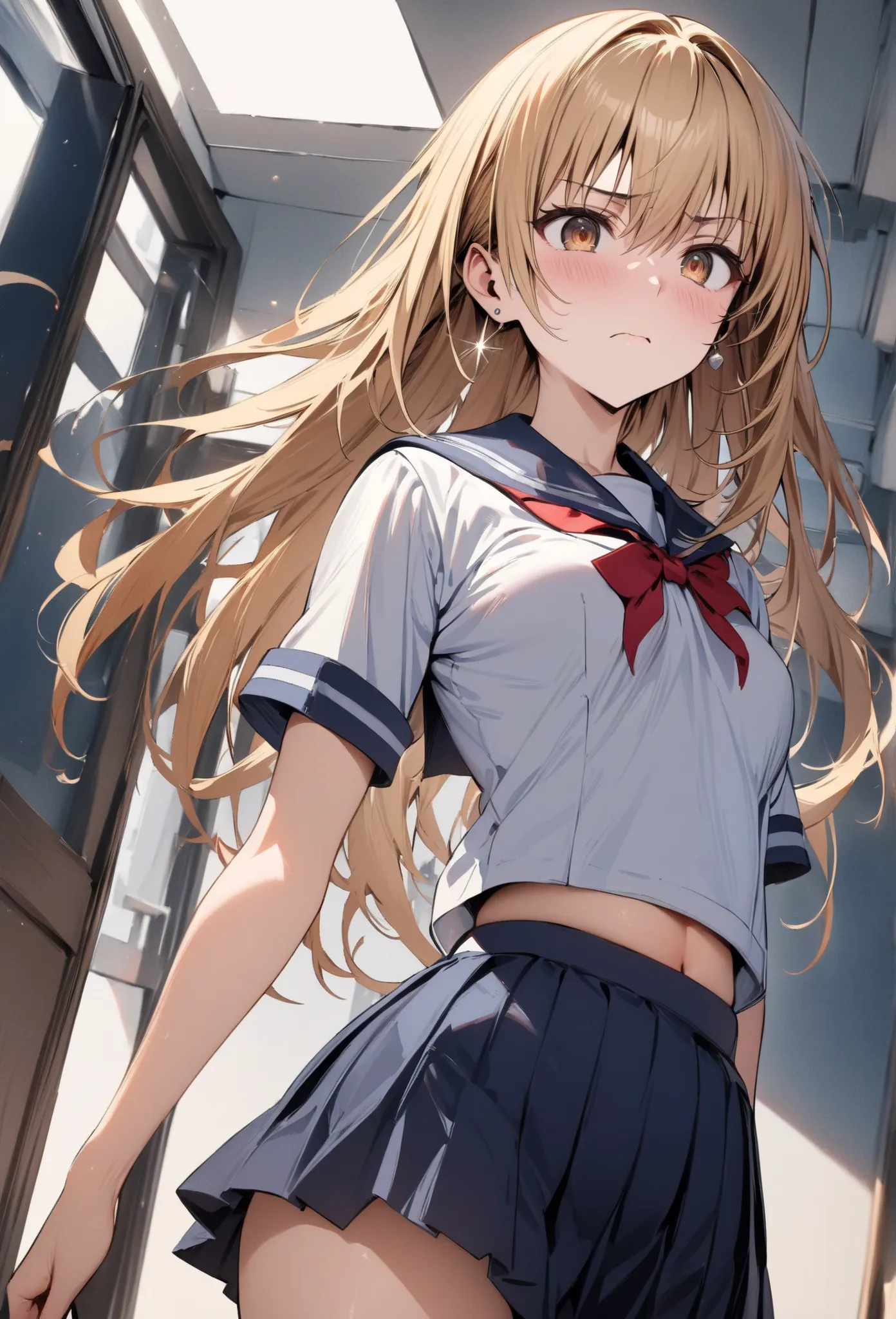 ((masterpiece, top quality:1.2)),(((1girl))),cowboy shot,Slender Yankee high school girl walking in the classroom,Blonde Straight,long hair,Perfect brown eyes, tree eyes ,Narrow Your Eyes,Beautiful skin,small breasts,white and navy blue short sleeve school...