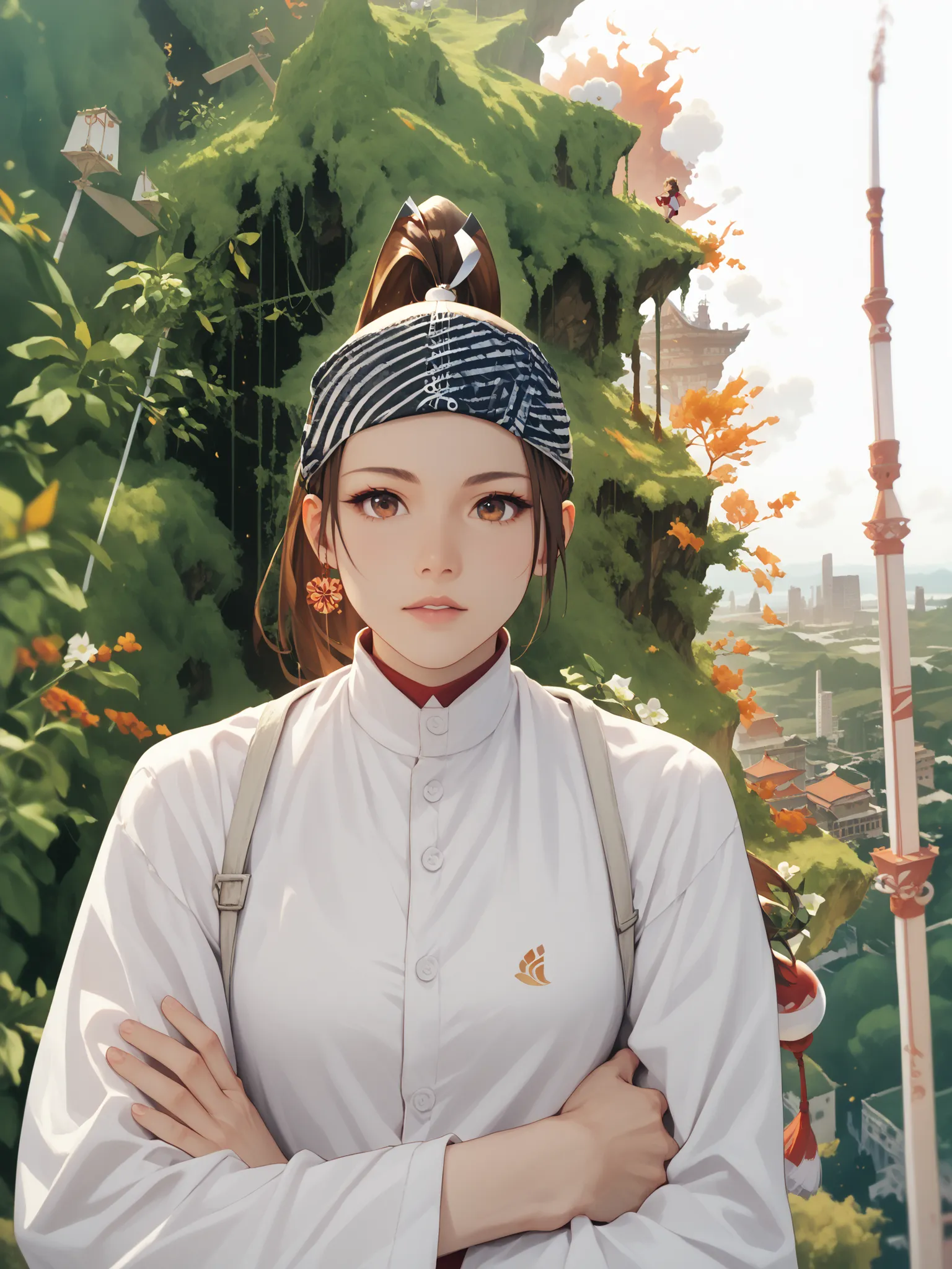  A Floating City,floating island,surreal,fiery wings,mai shiranui, ponytail, brown hair, brown eyes,