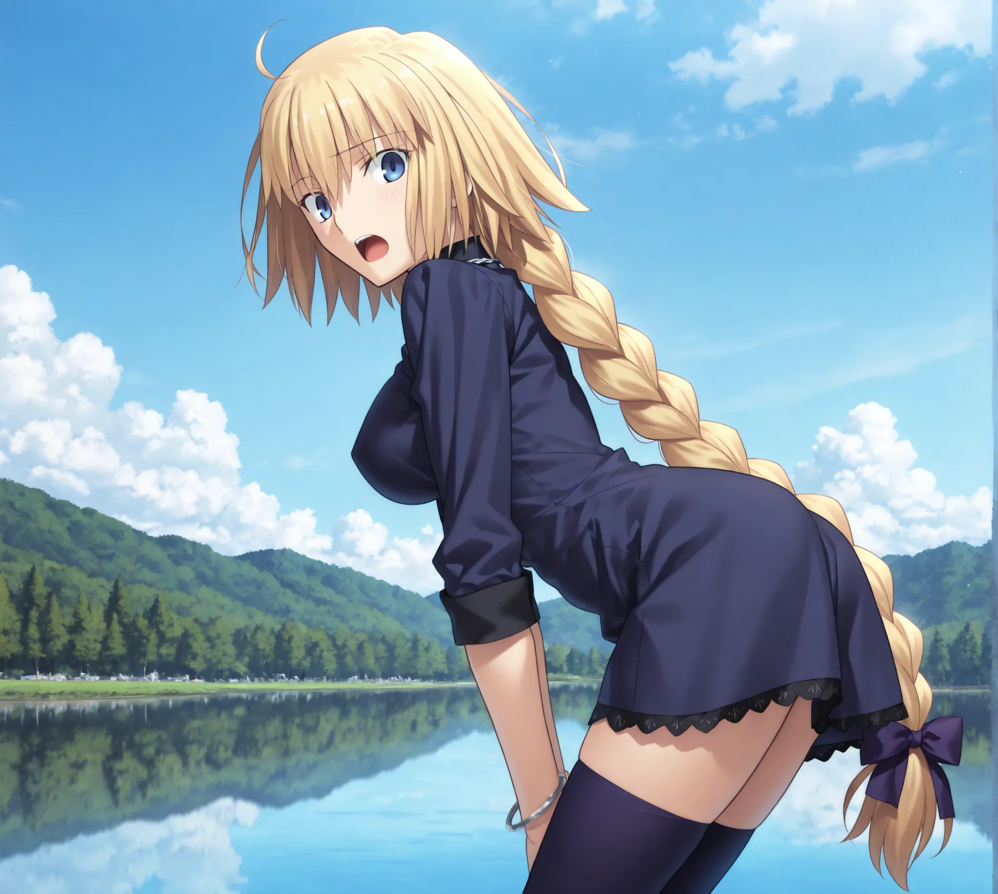 masterpiece, , absurdres, highres, detailed background, high resolution, masterpiece, necessary, detail, best quality, quality, necessary, details, High details, Precise, outdoors, bent over, (from side), blue sky, on lake,  ,                              ...