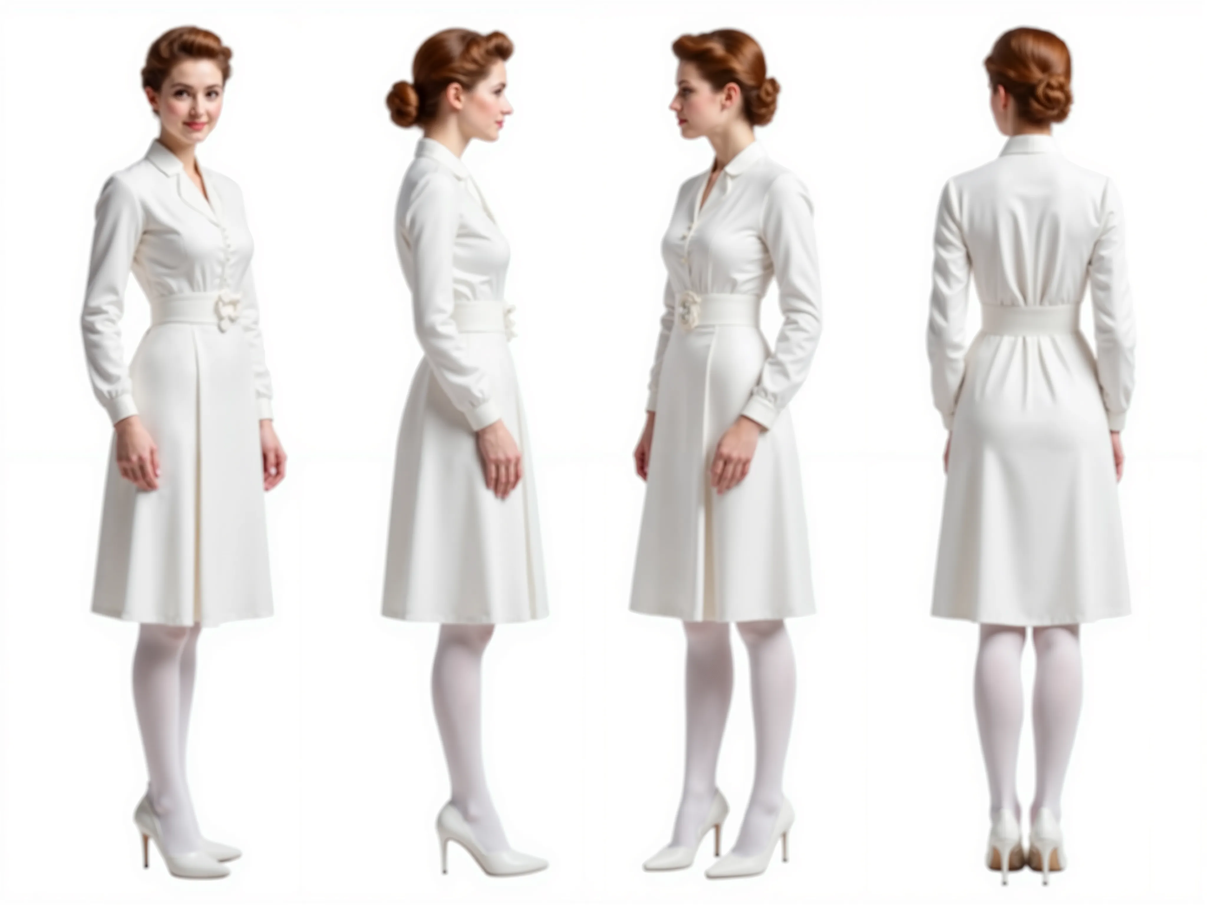  A natural photo realistic orthographic reference sheet of a young woman with chignon, wearing a vintage, modest, crisp, white, nylon fabric, nurse uniform with cinched corset waist belt and extremely high "stand-up" collar ("edwardian style"), long sleeve...