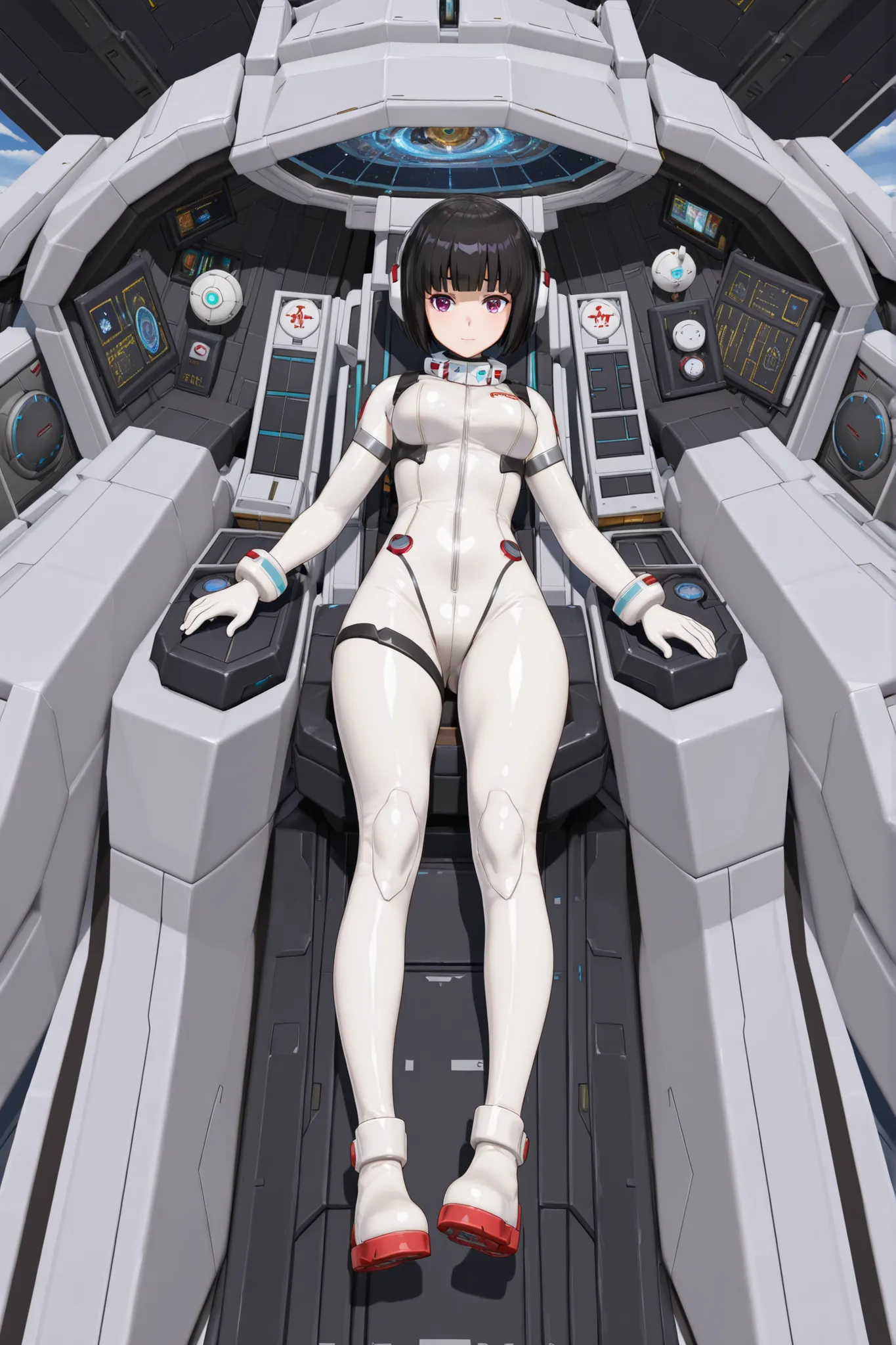 ((Full body image, Full body depiction)), Giant robot cockpit, Japanese female pilot in a white plug suit, shiny black bob hair,