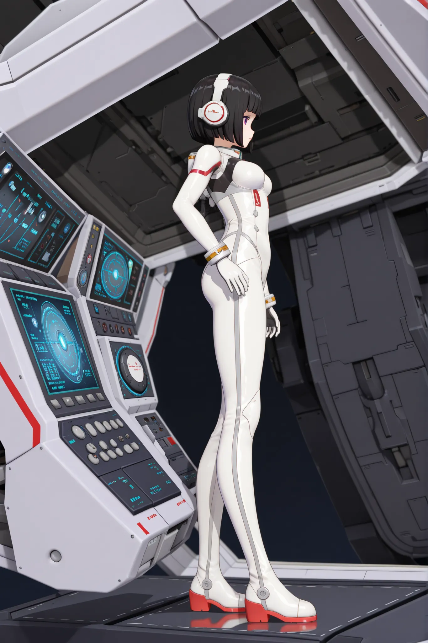 ((Full body, Full body, Side angle)), Giant robot cockpit, Japanese female pilot in a white plug suit, shiny black bob hair,