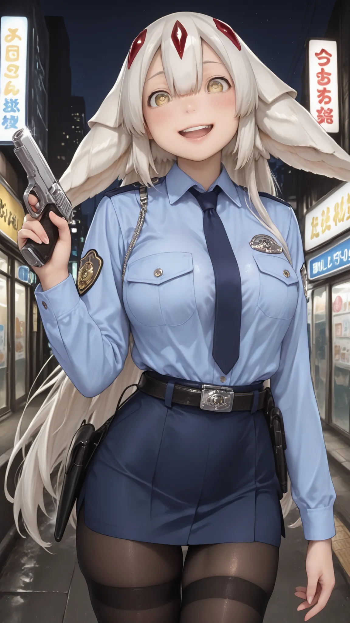 1girl , solo ,  Faputa（Made in Abyss）、Silvery long hair、charming white silver hair、cute girl、golden eyes、美しいgolden eyes 、とてもとてもとてもとてもとてもbig boobs（big boobs：99. 9）female police officer uniform、 navy blue miniskirt ,Sexy Black Stockings、Female Police Officer...