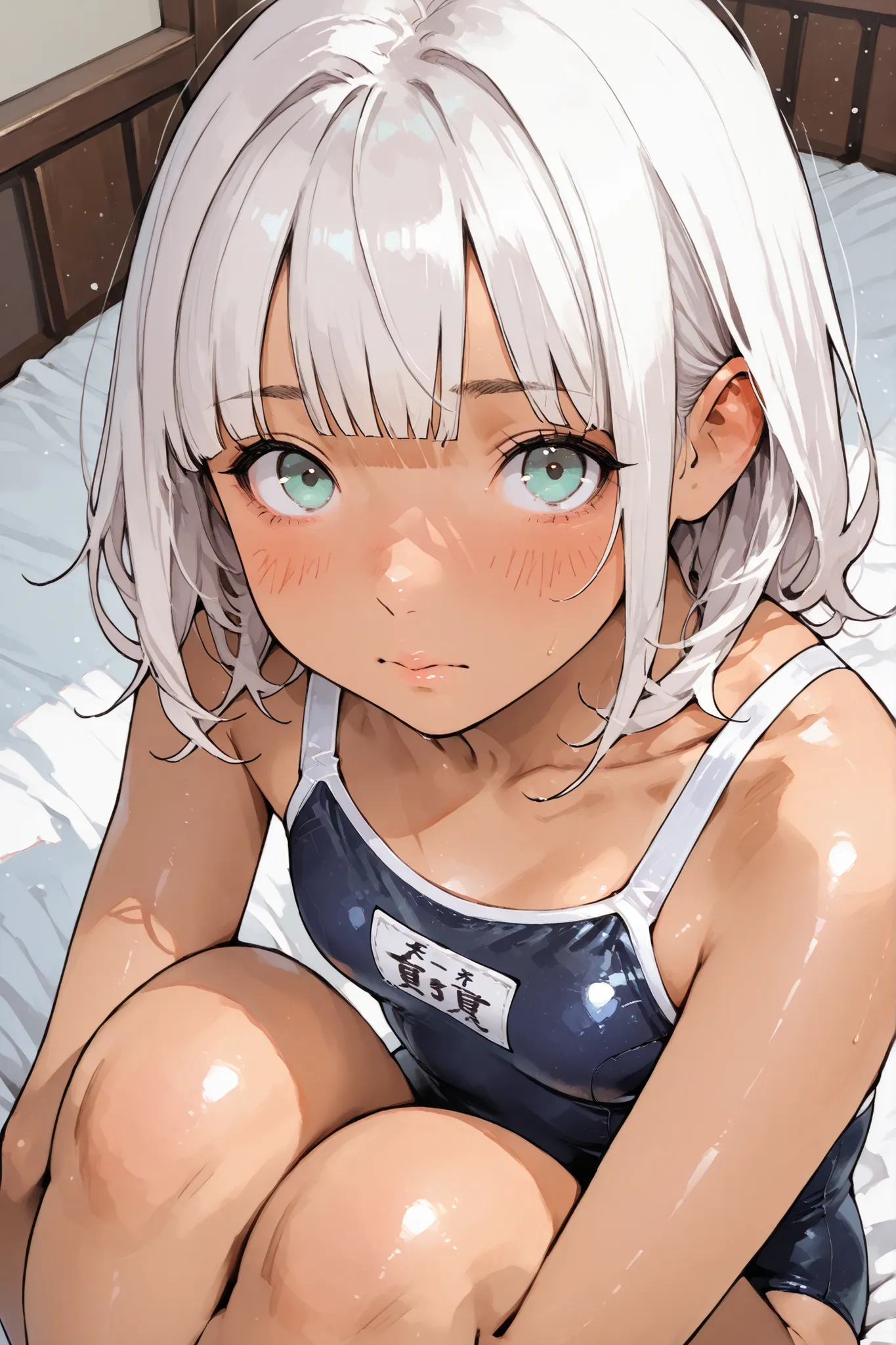 1 girl,Super Detailed,absolute resolution,(tanned skin:0.3),(dynamic angles),portrait,(pinup),high angle,close-up,on bed,sitting,hugging own legs,upturned eyes,looking at viewer,((competition school swimsuit)),((name tag)),Bare Foot,detailed and beautiful ...