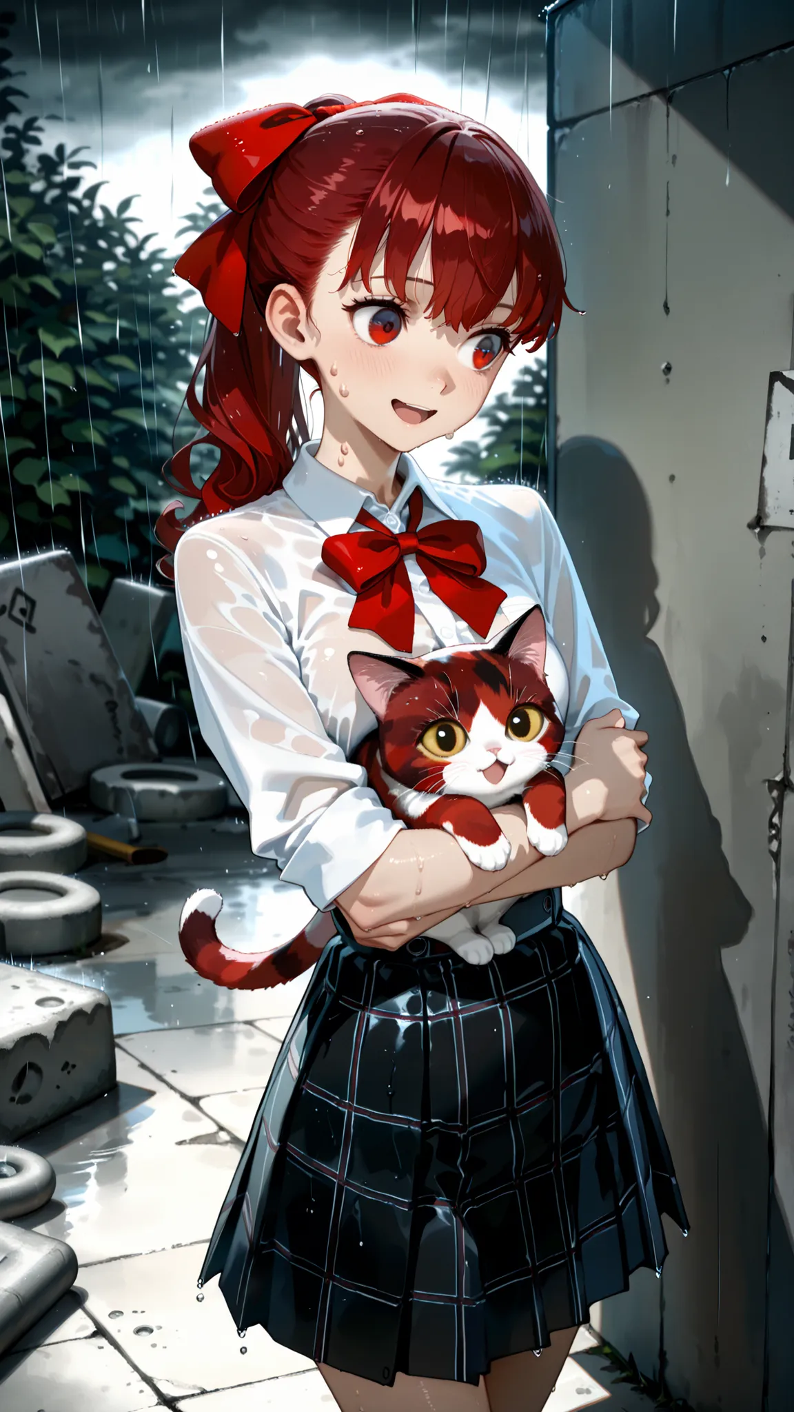 1 girl,(I'm staring at the cat on the left side of the screen:1.3),medium chest:1.3,hug cat:1.3, close one eye 、 winks,:1.3,masterpiece,full shot,looking straight ahead,beautiful red gradient eyes,open mouth:1.2,Rich color ,,:1.3,Oblique shot ,((white shir...