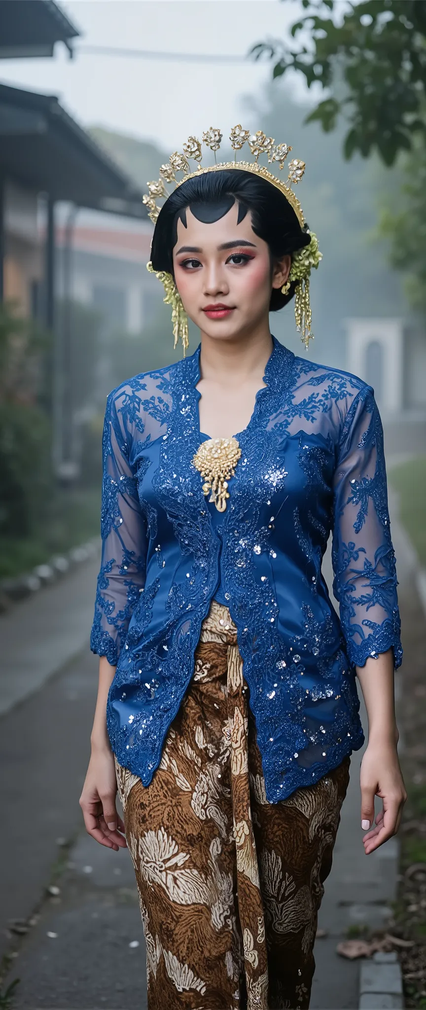 photo of a beautiful young Indonesian person walks alone elegant in a in an outdoor setting morning vibe. hair bun traditional Javanese style. he wears a Javanese traditional clothes, huge breast ( big breast ) , busty looking, blue satin lace-sequined shi...