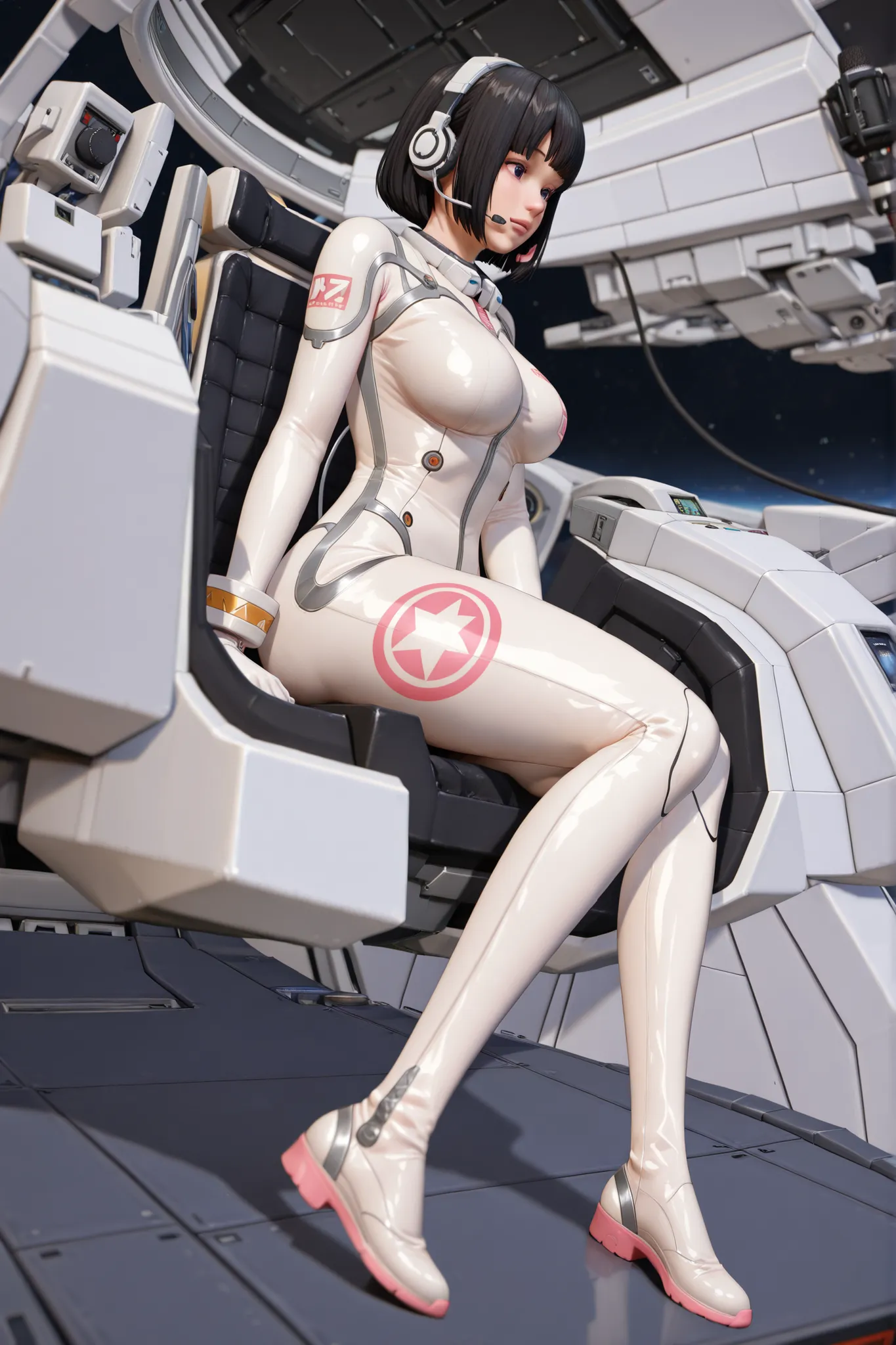 ((Full body portrait, Full body depiction, Realistic, Side angle)), Sitting in the cockpit of a giant robot, Japanese female pilot wearing a white plug suit with shiny pink lines, shiny black bob hair, shiny nose, large breasts, excellent proportions, wear...