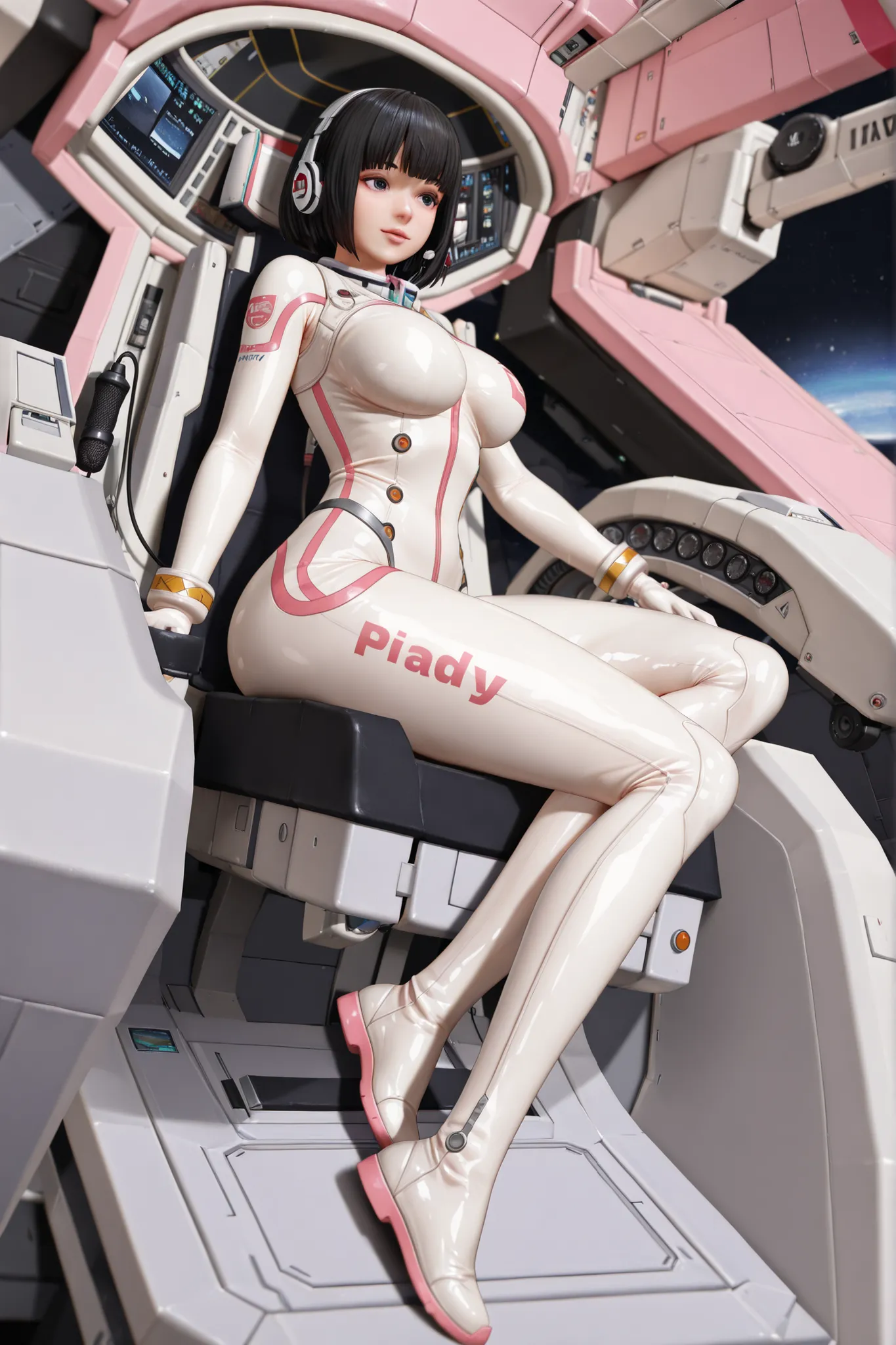 ((Full body portrait, Full body depiction, Realistic, Side angle)), Sitting in the cockpit of a giant robot, Japanese female pilot wearing a white plug suit with shiny pink lines, shiny black bob hair, shiny nose, large breasts, excellent proportions, wear...