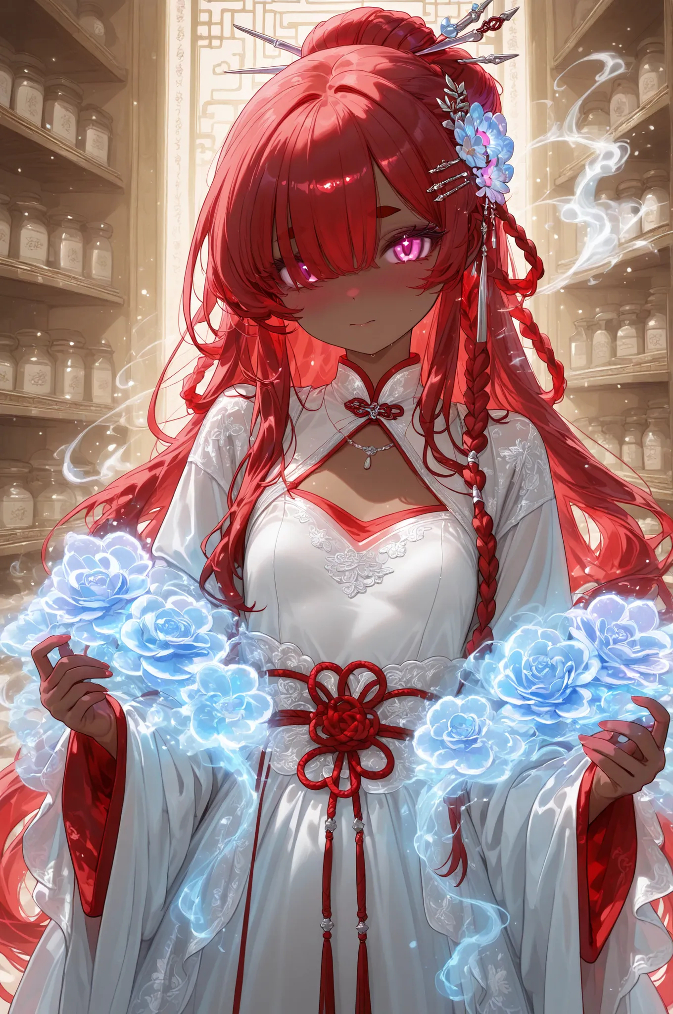 The girl with tanned copper skin. She has purple glowing eyes and dark purple eye shadow. She has a red eyebrows and red eyelashes. She has fiery scarlet red longest hair braided in a loose braid that floats in the air. her red hair over eyes hiding half o...