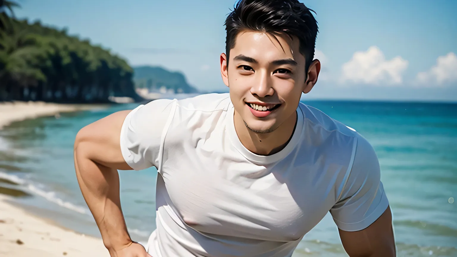 handsome　　Japanese　　short hair　skinhead　 crew cut 　　　buzz cut　　white tight t-shirt　　solid white tight half spats　　Mega Bulge　Smile Yan　 male　The background is blue sky and sea 
