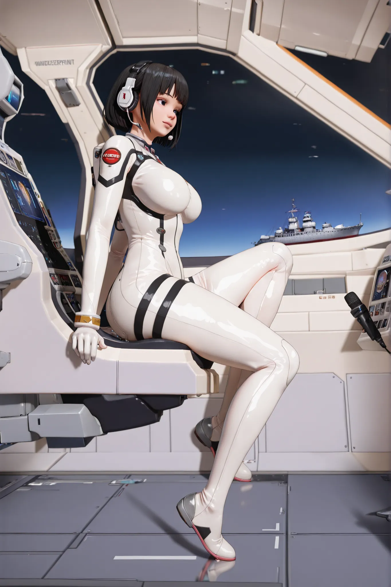 ((Full body portrait, Full body depiction, Realistic, Side angle)), Sitting in the cockpit of a patrol ship, Japanese female pilot wearing a white plug suit with shiny pink lines, shiny black bob hair, shiny nose, large breasts, excellent proportions, wear...