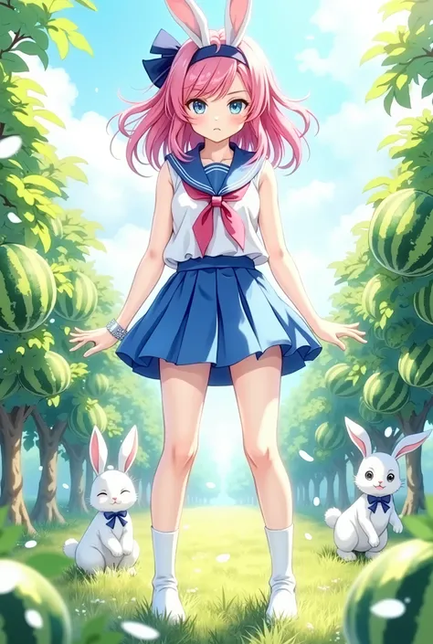 Pretty Cure
cute girl
rabbits
watermelons
The color of the hair is pink。Clothes are blue。
don't make too much of a mess、blue base